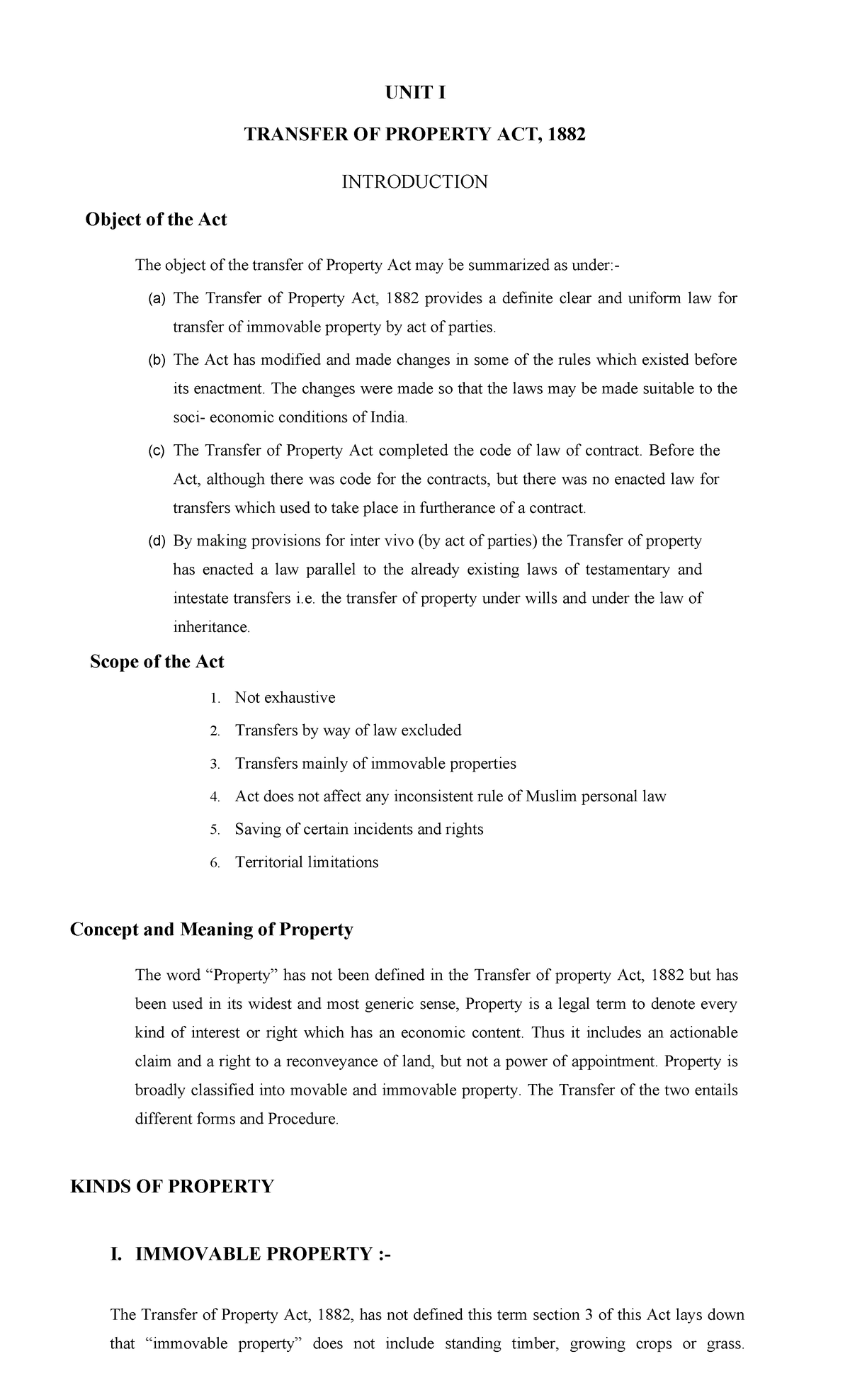 Transfer of Property Act, 1882: Unit I & II Notes - Studocu