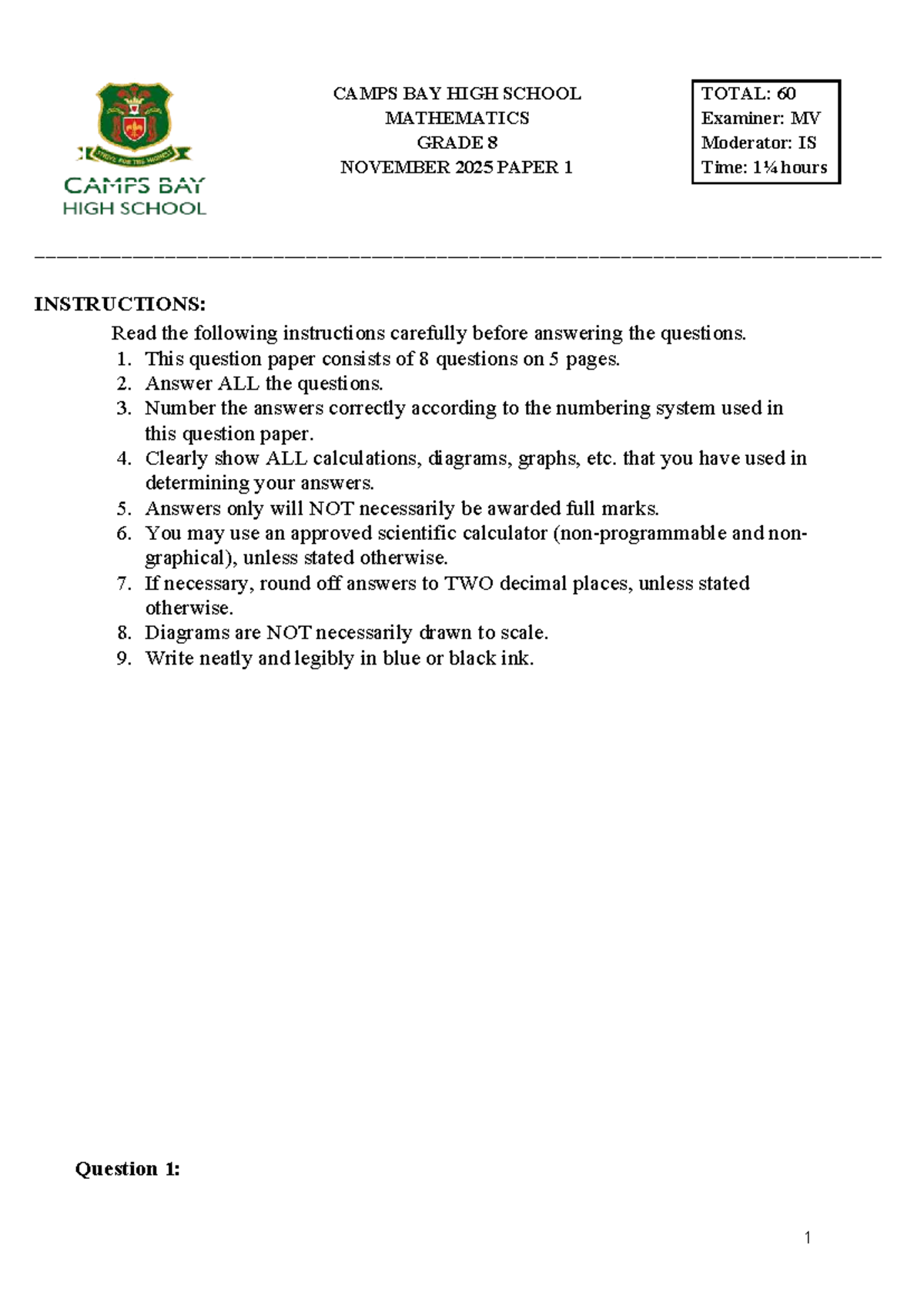 Mathematics Grade 8 November 2025 Paper 1 Exam Questions - Studocu