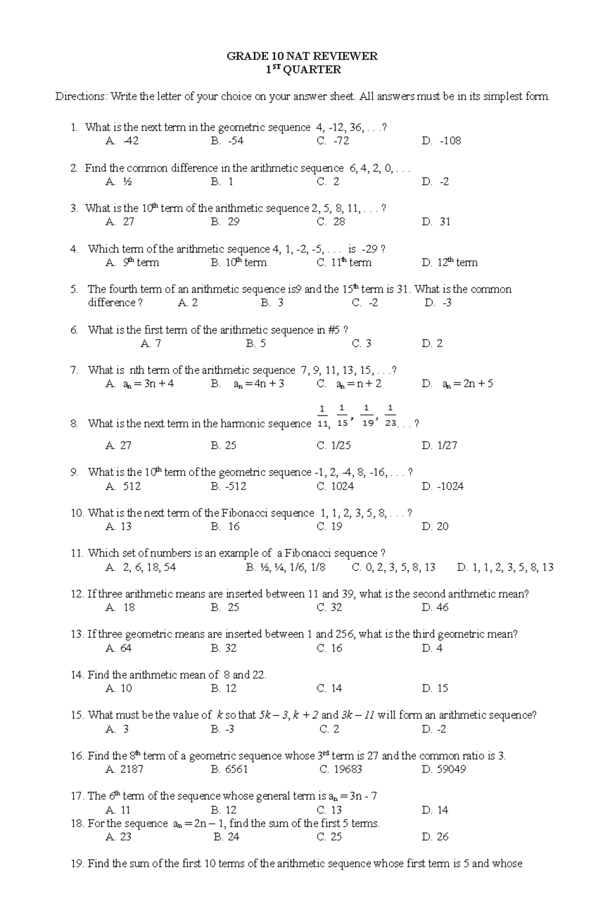 NAT 12 (Set 1) - Grade 10 Mathematics Review Questions - Studocu