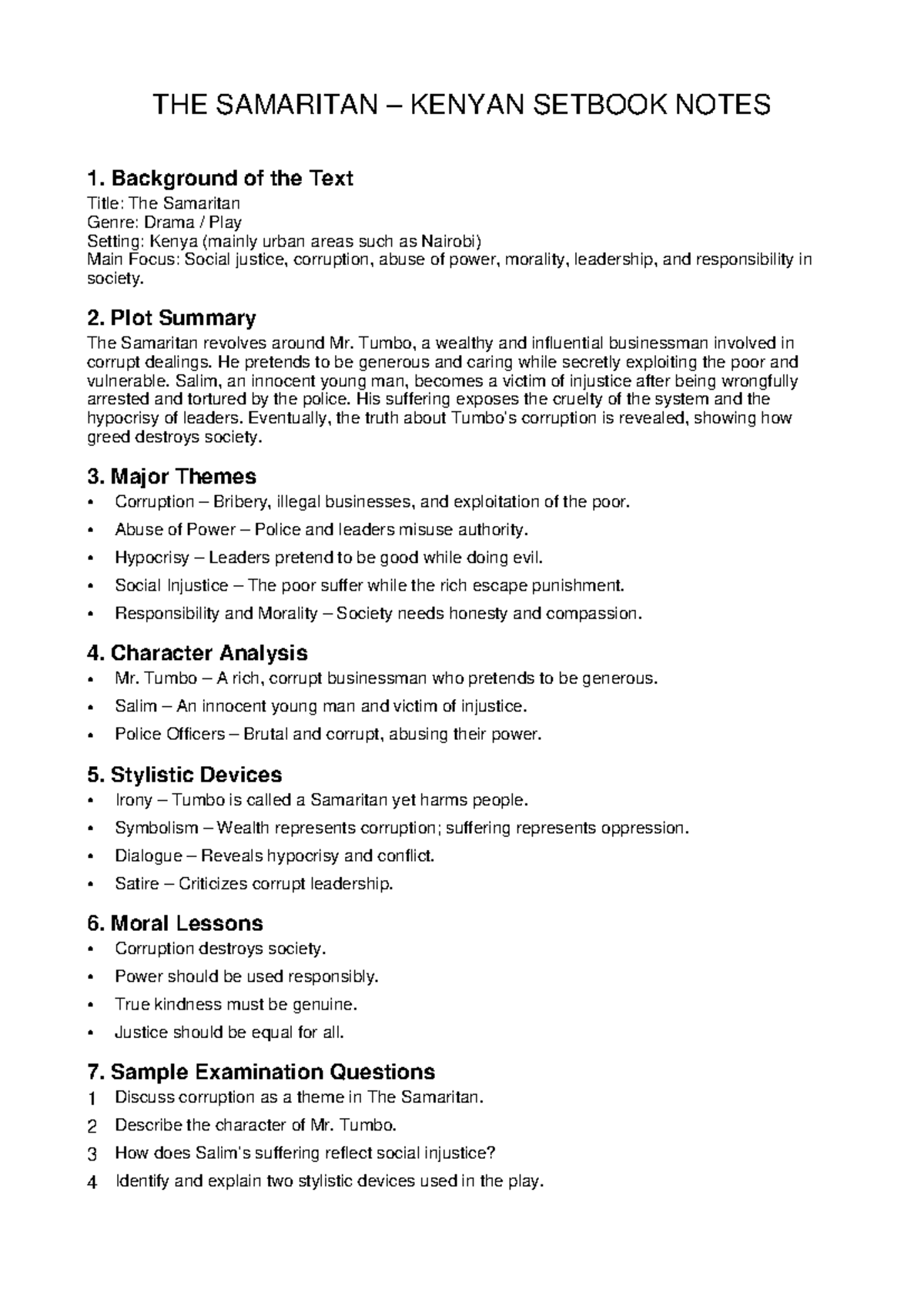 THE SAMARITAN KENYAN SETBOOK NOTES: A Study of Corruption and Justice ...