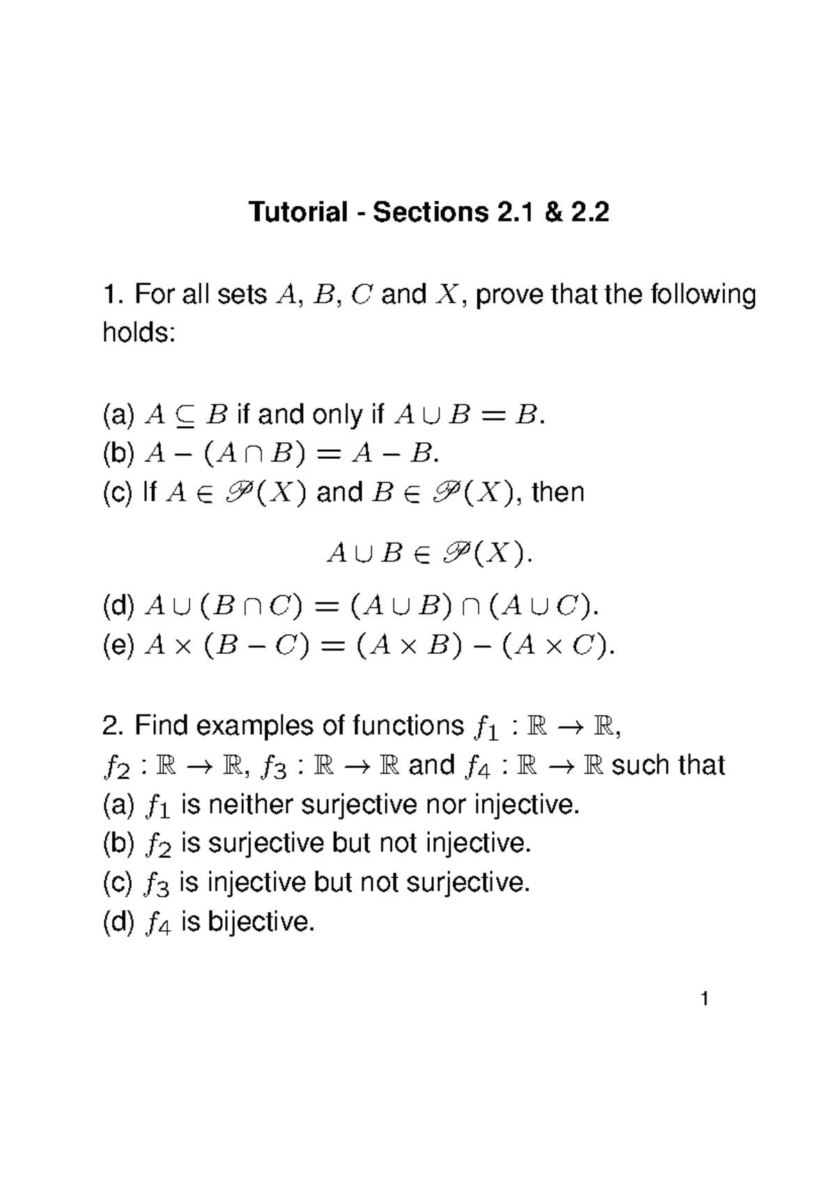 Tutorial 2.1: Set Theory Proofs and Function Examples - Studocu