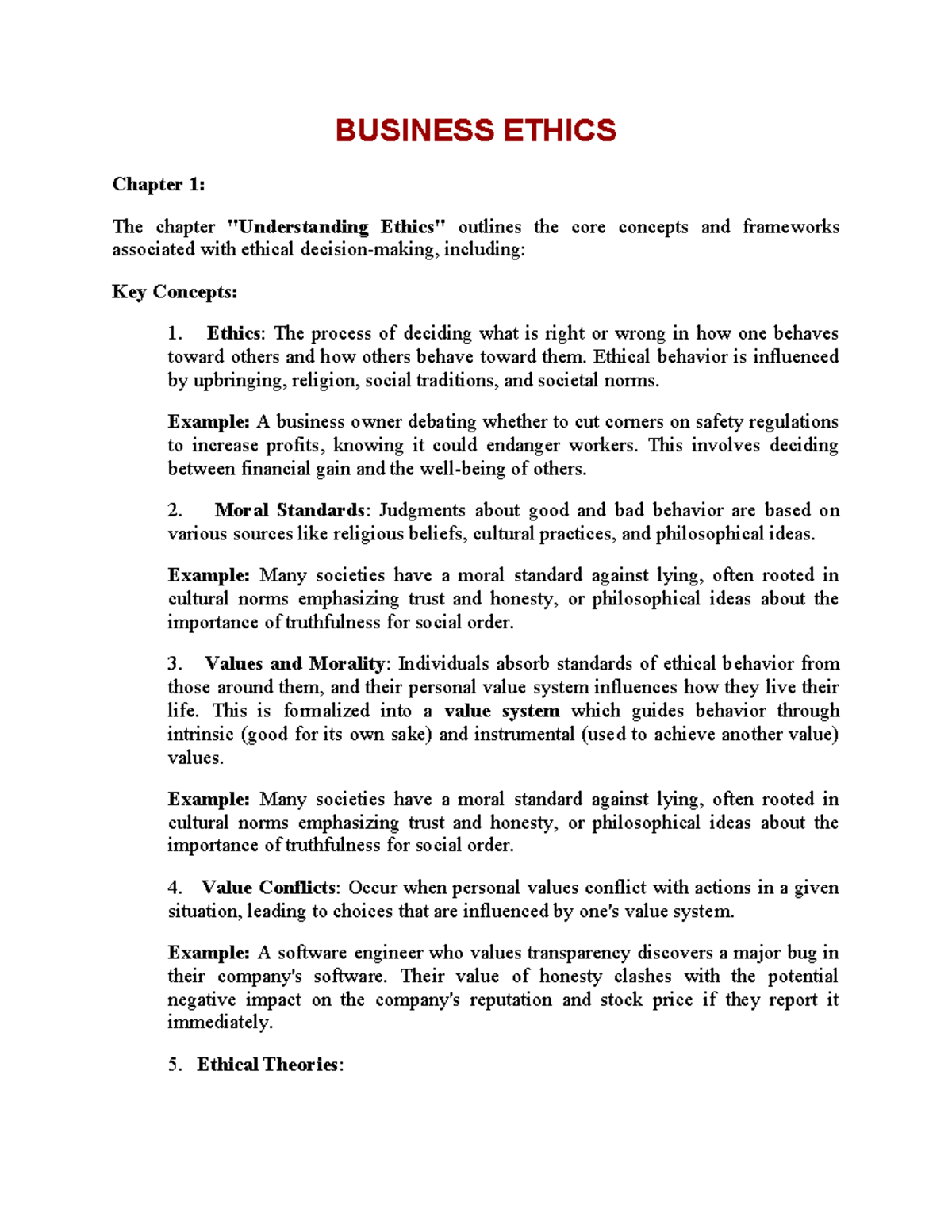 BUSINESS ETHICS Chapter 1: Core Concepts and Ethical Frameworks ...