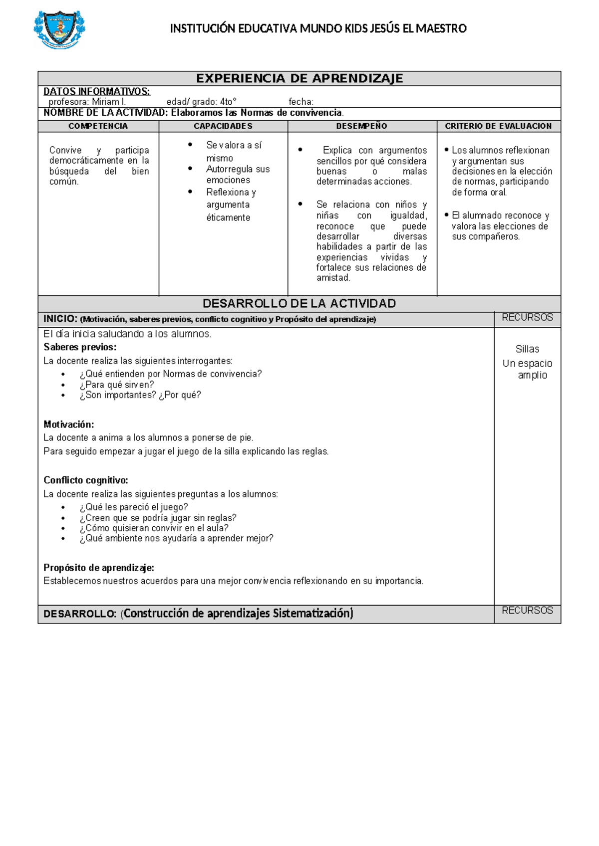 Sesión sobre Normas de Convivencia para 4to Grado de Primaria - Studocu