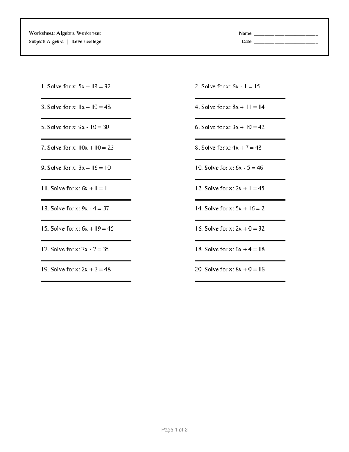 Algebra Worksheet 10: Problem Set & Answer Key - Studocu