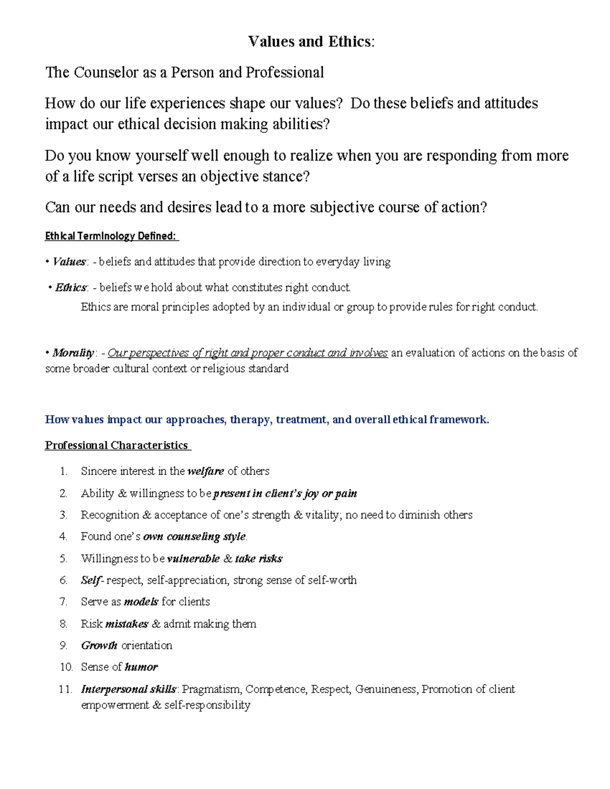 Values and Ethics in Counseling: Lecture Notes on Professional Conduct ...