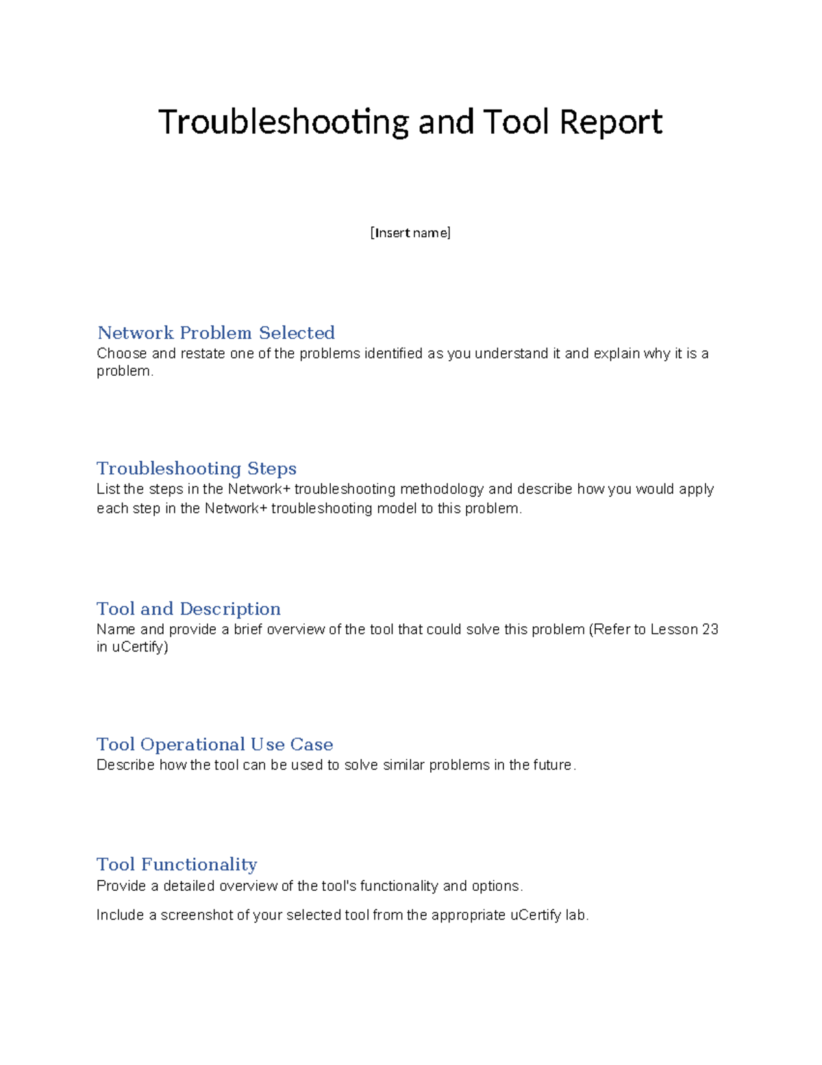 Network+ Troubleshooting Tool Report Template - Edited - Studocu