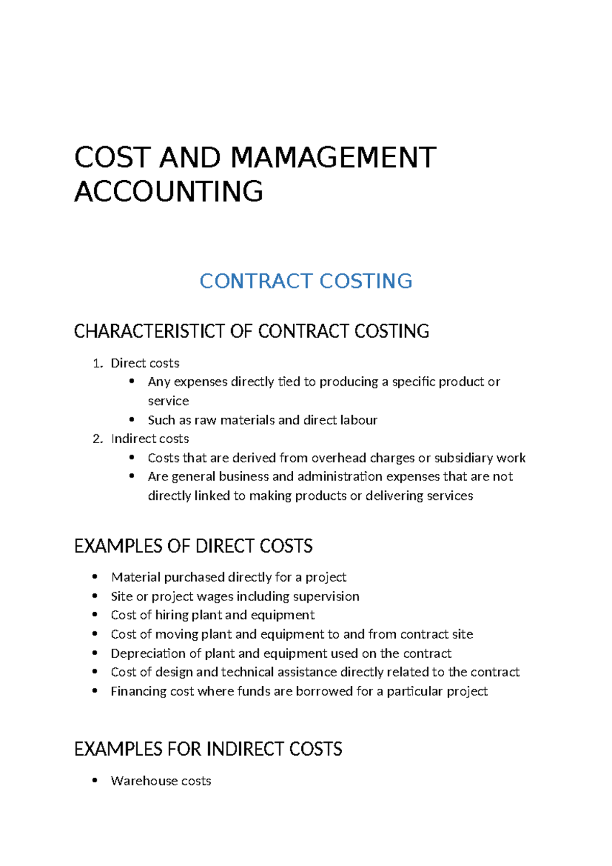 COST & MGT ACC - Contract Costing Characteristics & Practice Questions ...