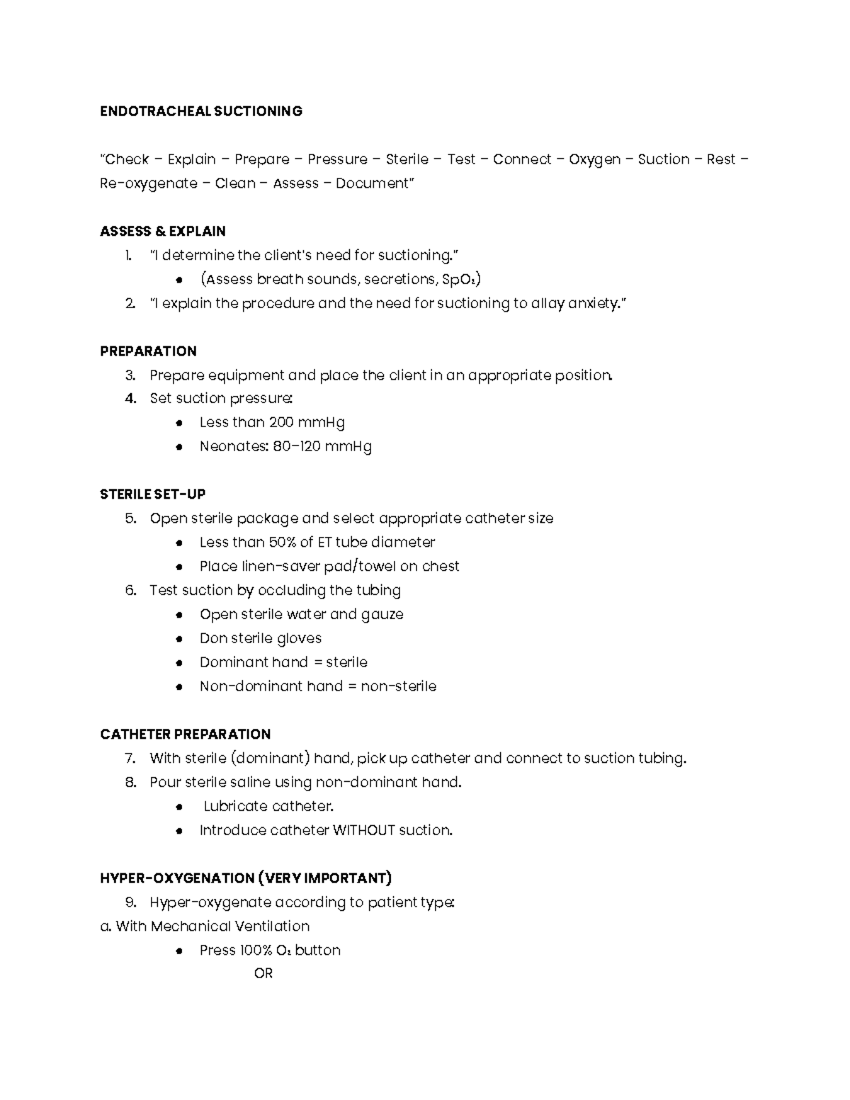 Endotracheal Suctioning Procedure: Preparation & Assessment Guide - Studocu