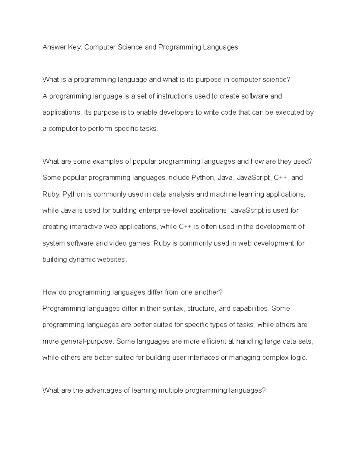 Answer Key: CS & Programming Languages Overview and Benefits - Studocu