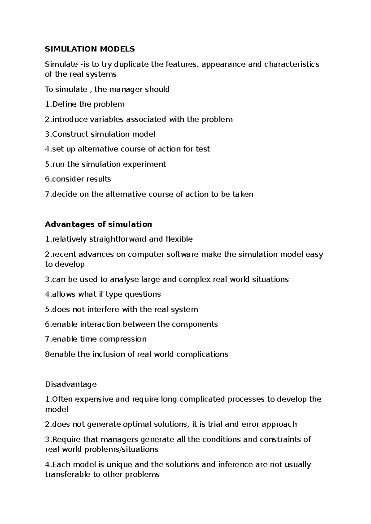 Simulation Models - Summary of Key Features and Considerations - Studocu
