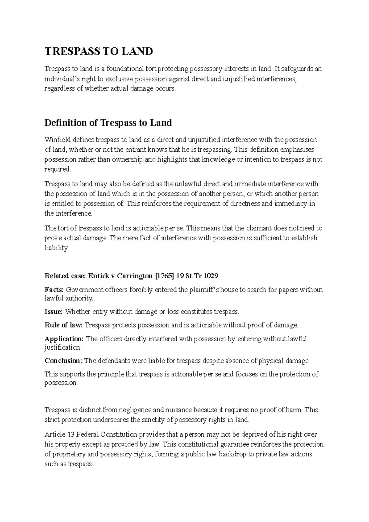 Trespass to Land: Key Principles and Case Law Analysis - Studocu