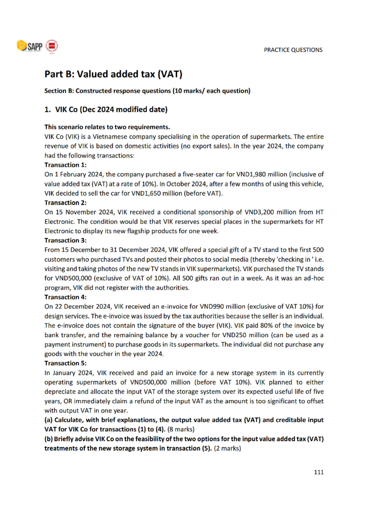 SAPP APPROVED ACCA PRACTICE QUESTIONS: VAT Constructed Response ...