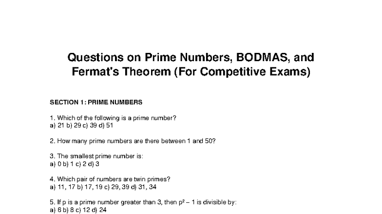 Competitive Exam Questions on Prime Numbers, BODMAS, and Theorem - Studocu