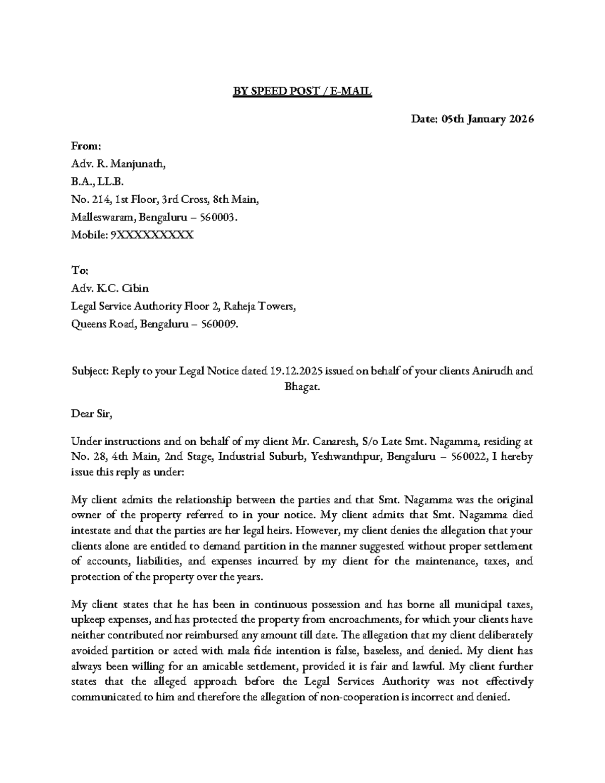 Reply to Legal Notice - Adv. R. Manjunath, Case No. 214 - Studocu