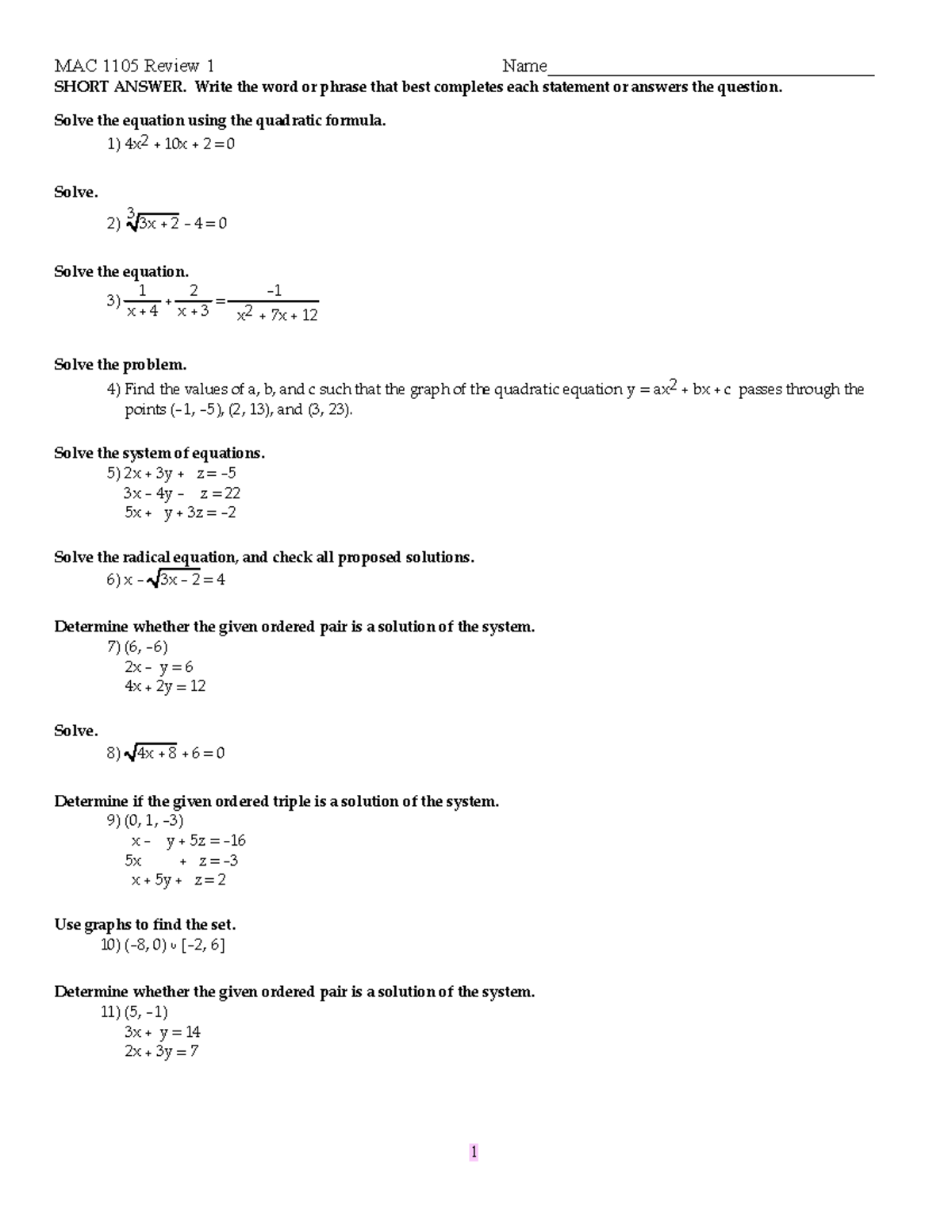 MAC 1105 Review 1: Short Answer Practice Problems - MAC 1105 Review 1 ...