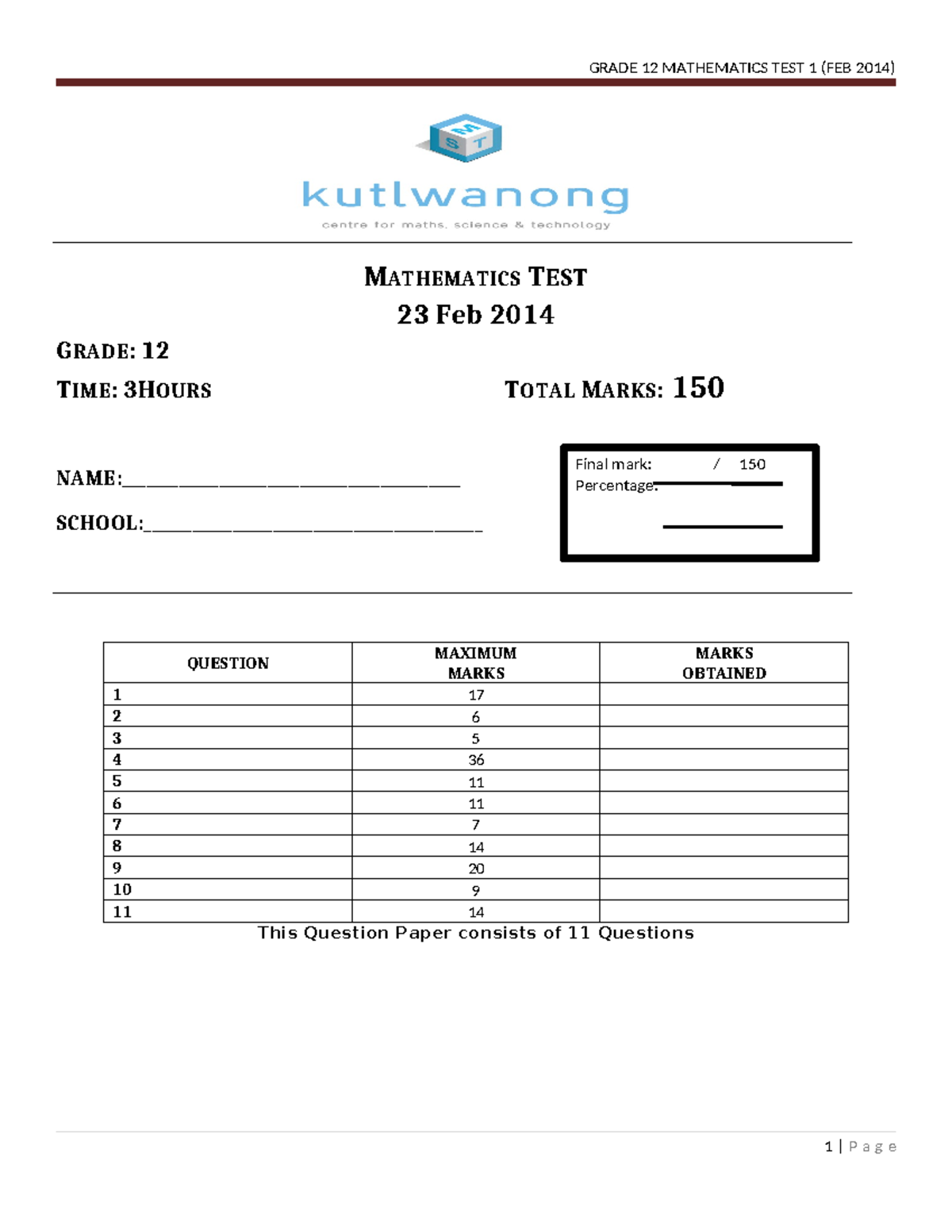 GRADE 12 MATHEMATICS TEST 1 (FEB 2014) - COMPLETE QUESTION PAPER - Studocu