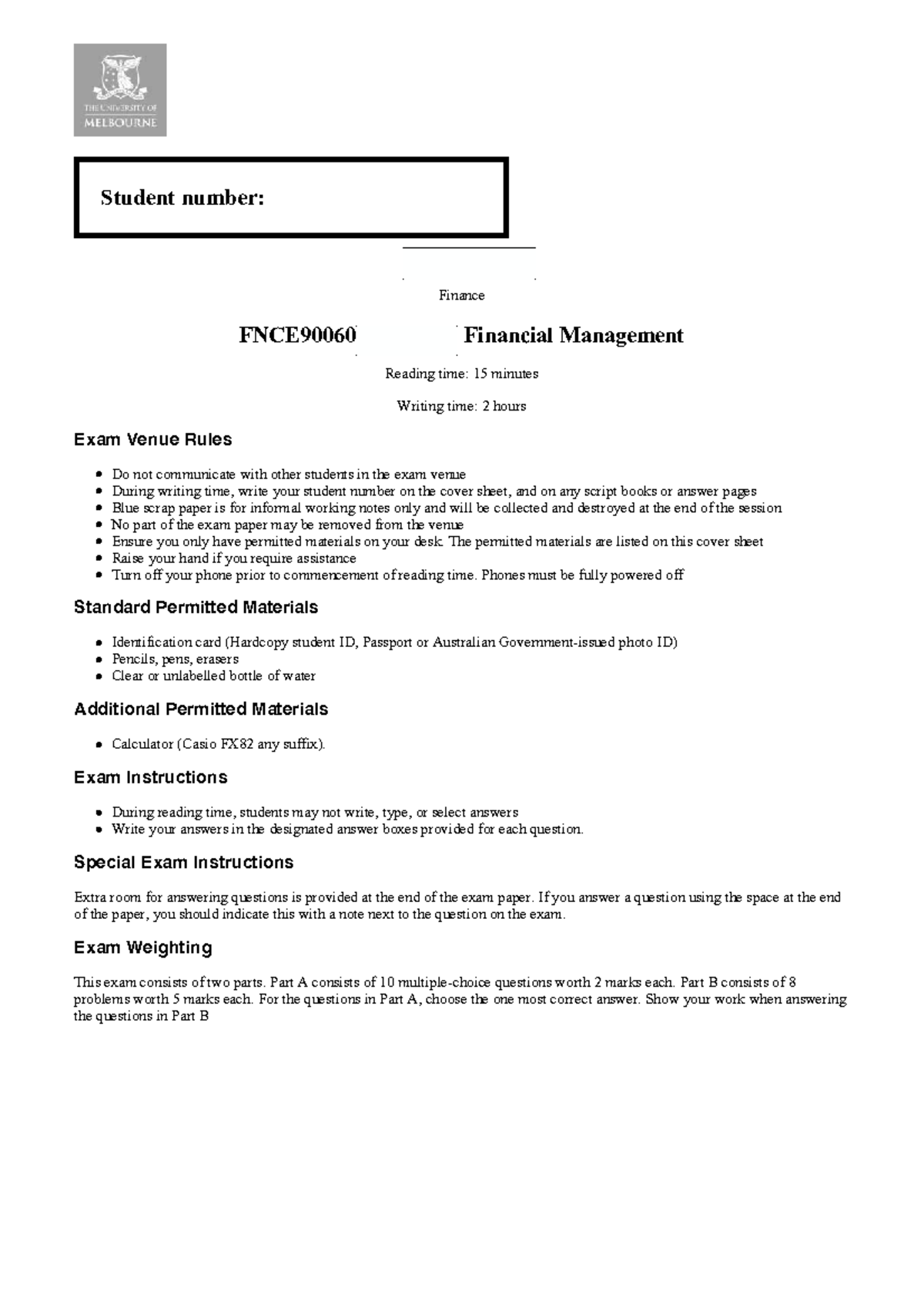FNCE90060_24_SM2 Financial Management Practice Exam Instructions - Studocu