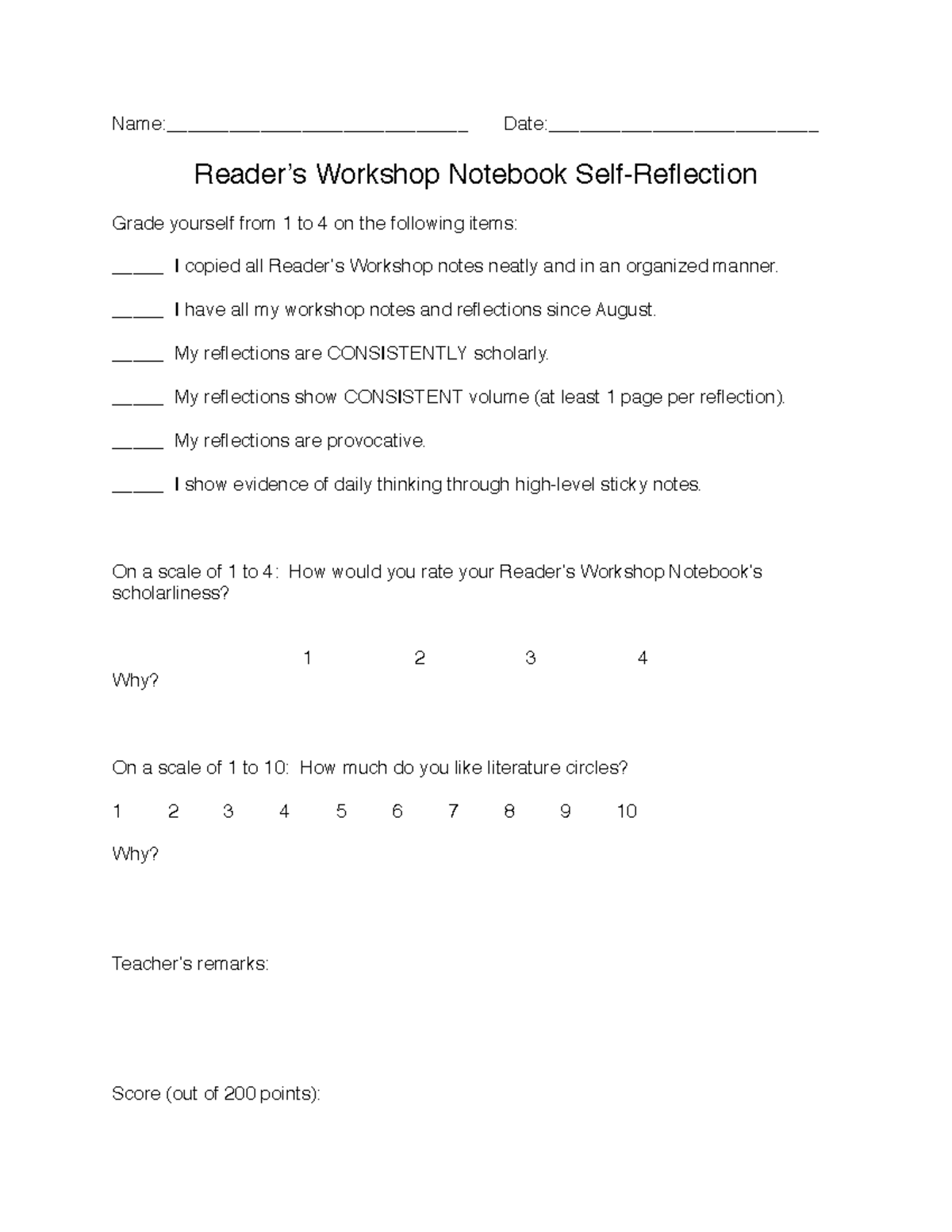 Readers Workshop Notebook Self Reflection (Grade 1-4) - Studocu
