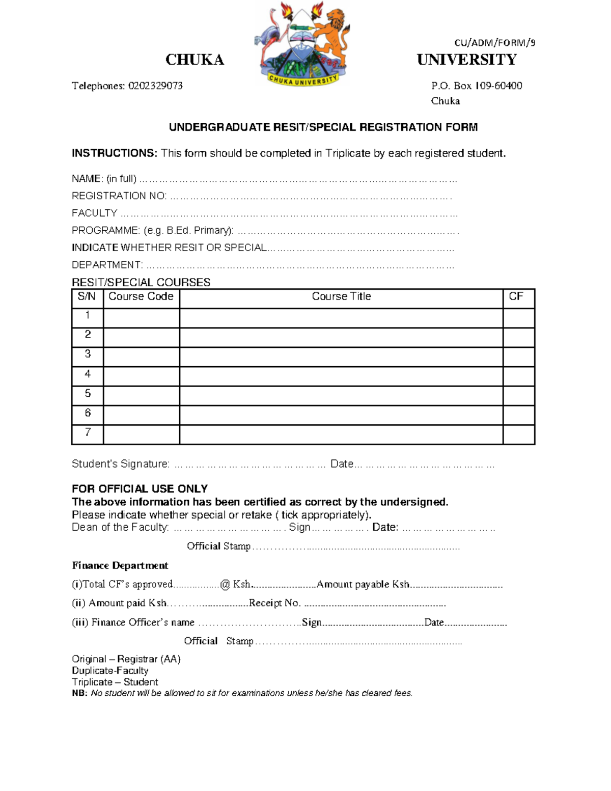 CHUKA UNIVERSITY Resit Form Instructions for Undergraduate Students ...