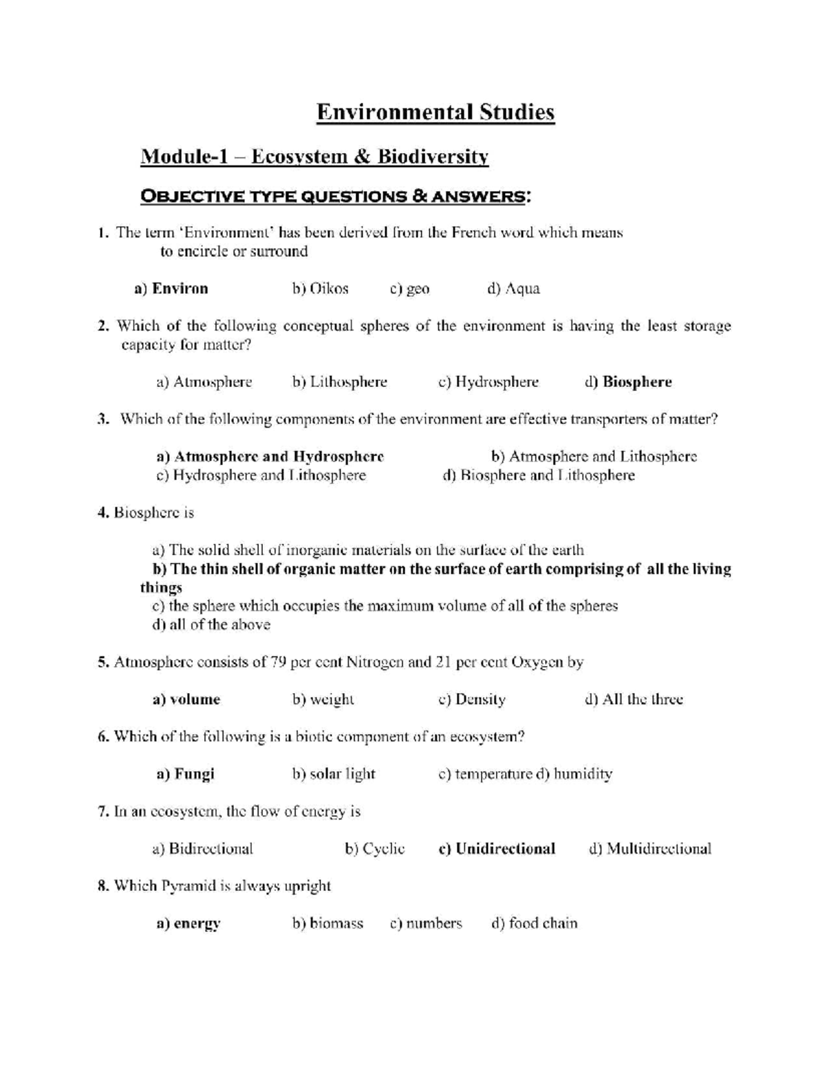 BESK508 Environmental Studies Ecosystem Biodiversity MCQs - Studocu