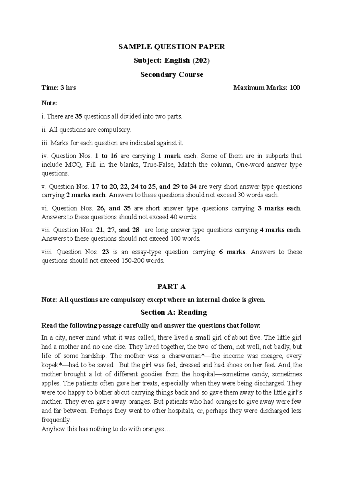 202 English Sample Question Paper: Comprehensive Guide - Studocu
