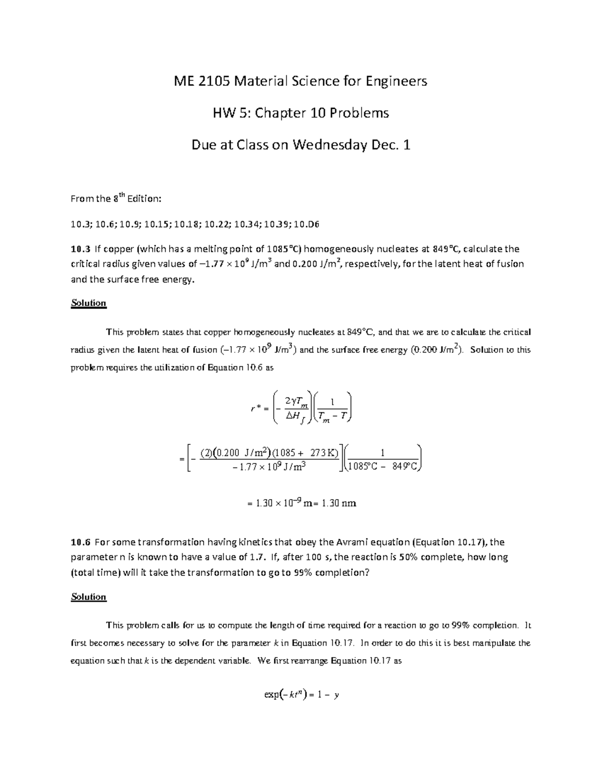 Solution Manual for ME 2105 Material Science: HW 5 Chapter 10 Problems ...