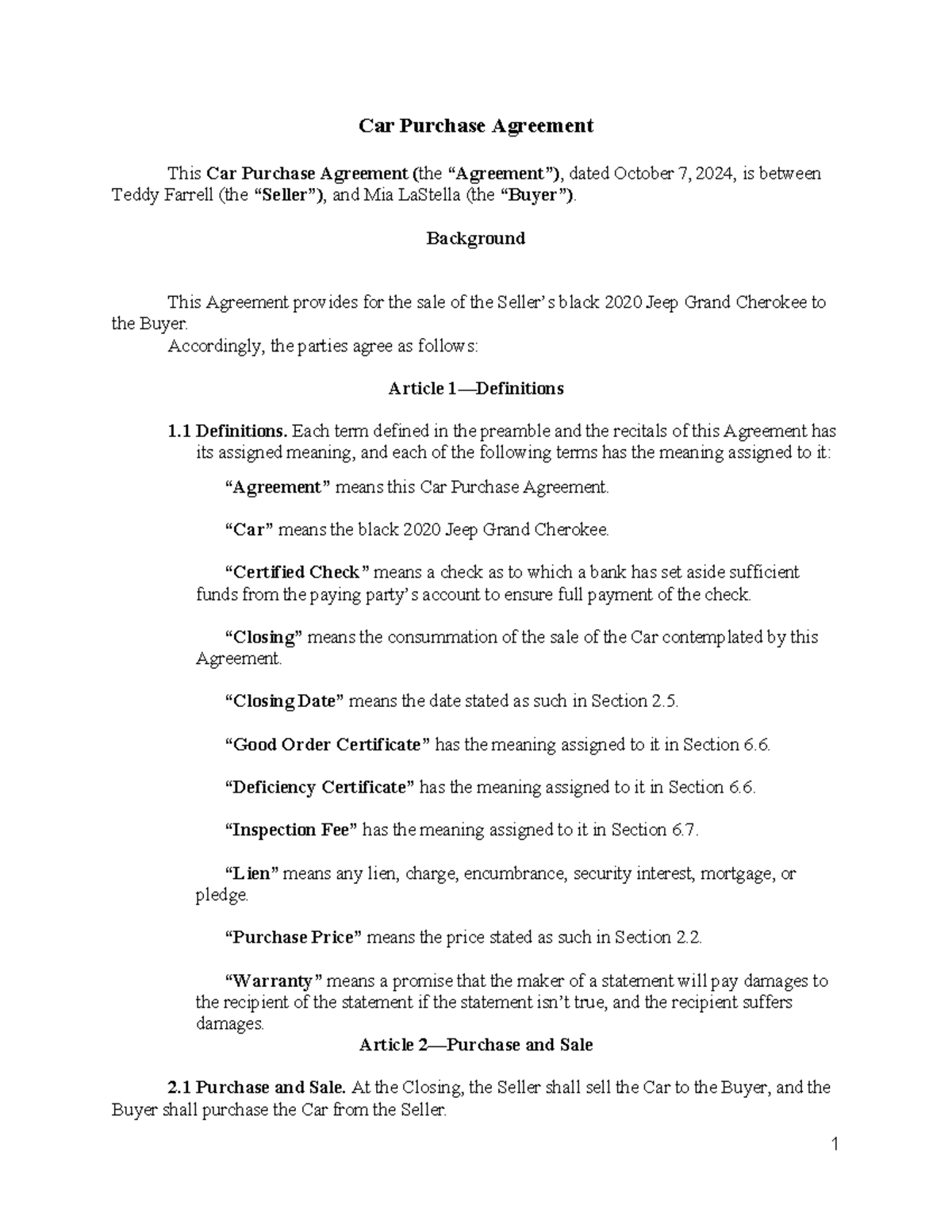 Car Purchase Agreement - Assignment 1 Drafting - Studocu