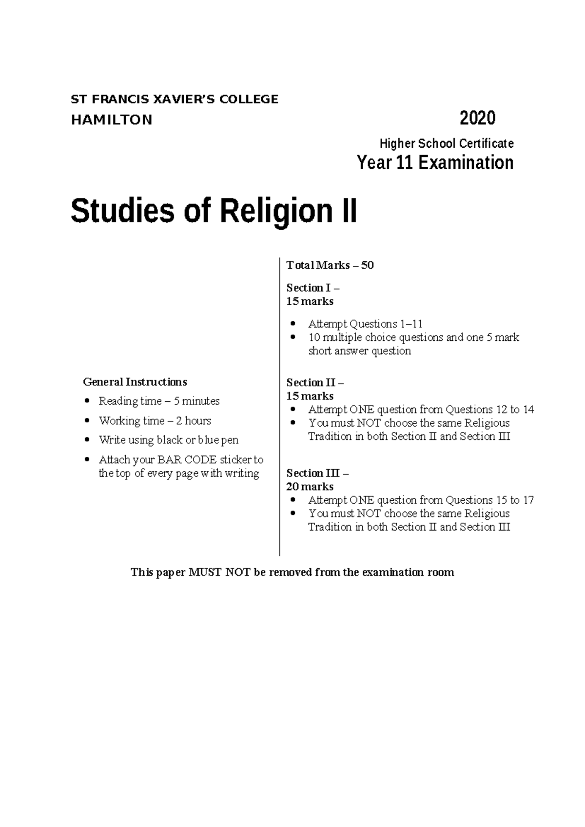 ST FRANCIS COLLEGE 2020 HSC Year 11 Studies of Religion II Exam Paper ...