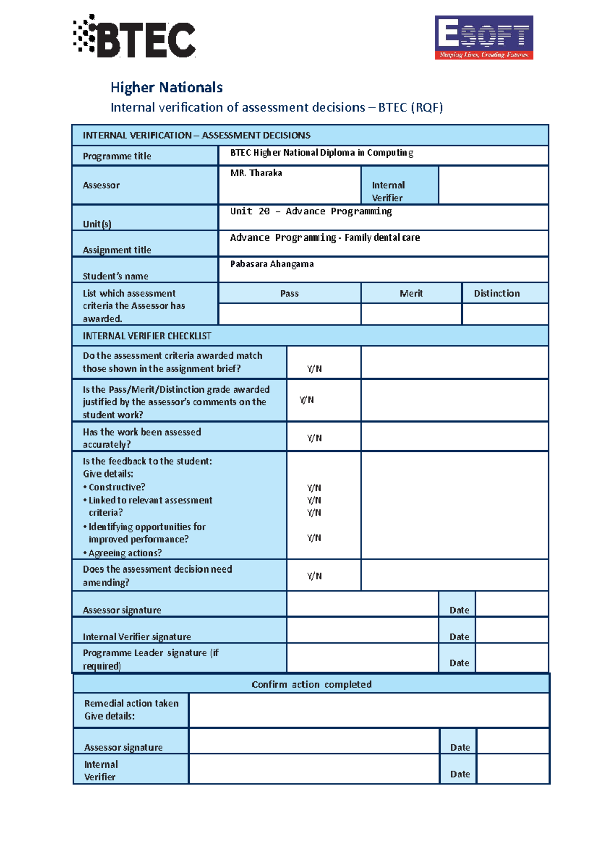 COL-A-060361 BTEC HND Computing Unit 20 Advance Programming Guide - Studocu