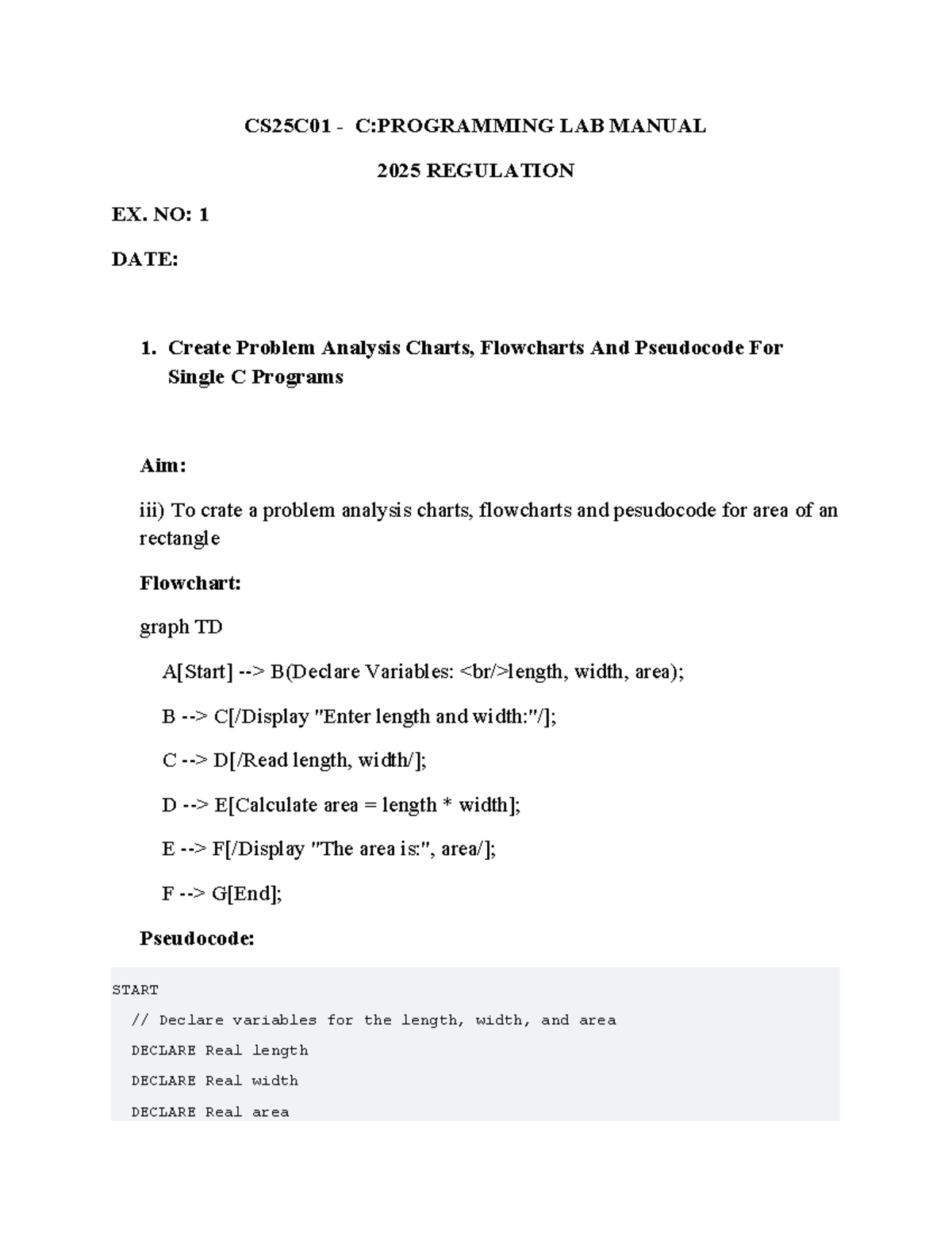 CS25C01 Programming Lab Manual: Problem Analysis & Flowcharts - Studocu