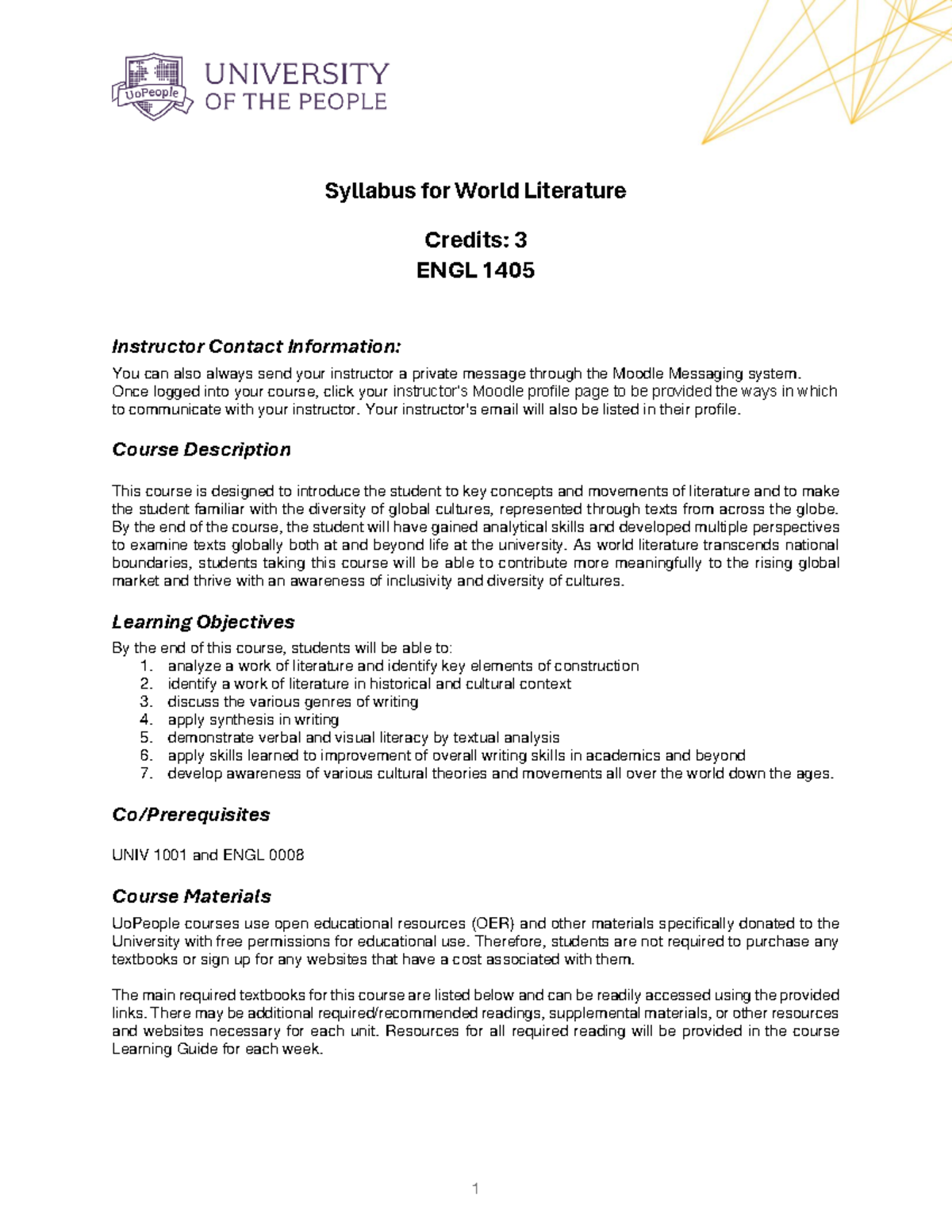 ENGL 1405 Syllabus: Introduction to World Literature Course - Studocu