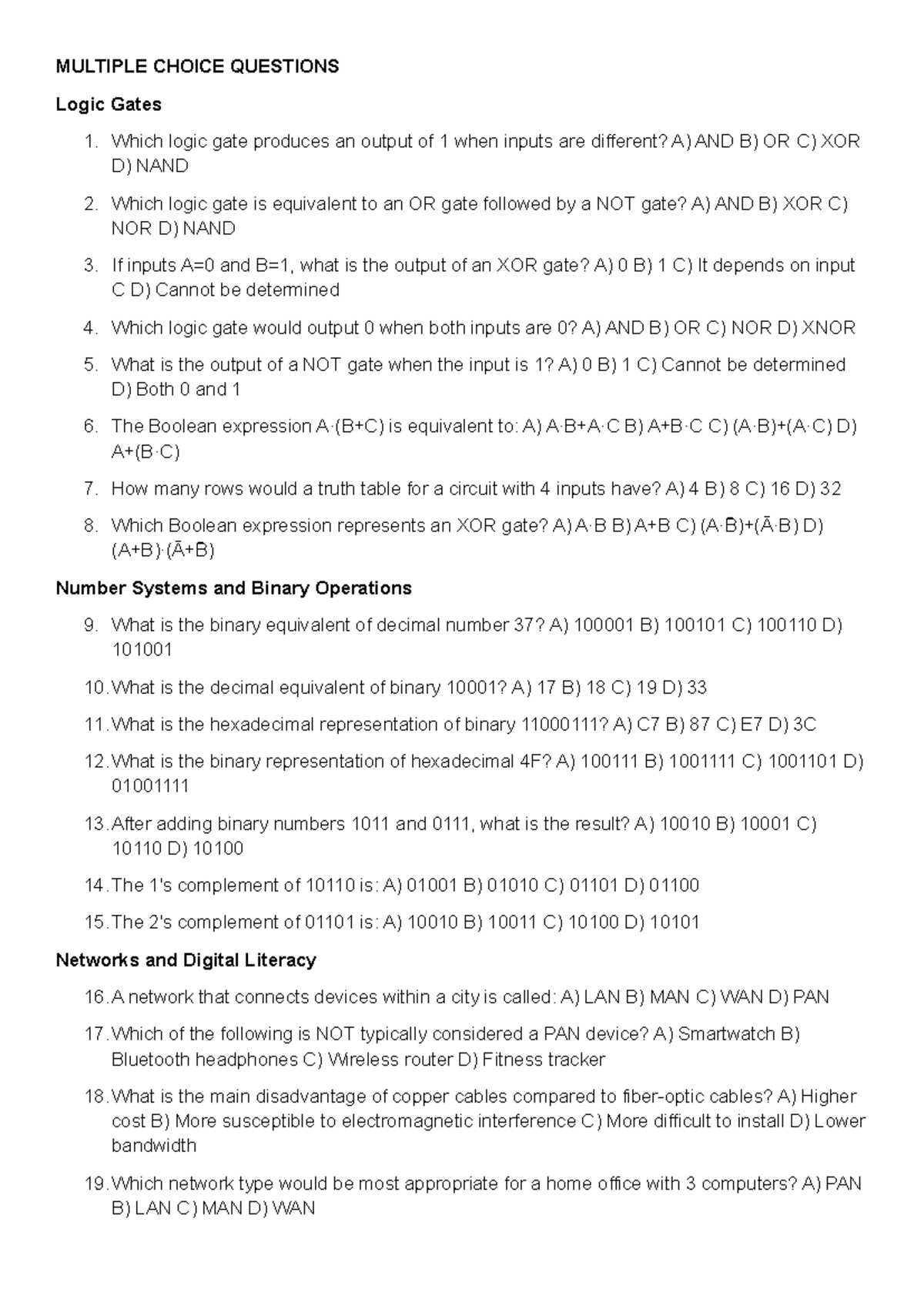 CS101: Multiple Choice Questions on Logic Gates and Networks - Studocu