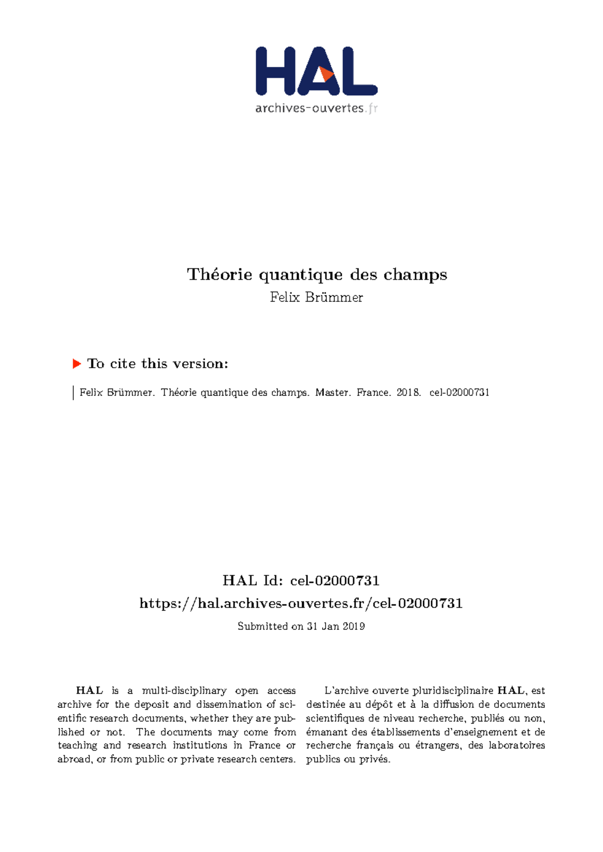 Qft - Pour T.q.champs - Hal Id: Cel- Hal.archives-ouvertes Cel 