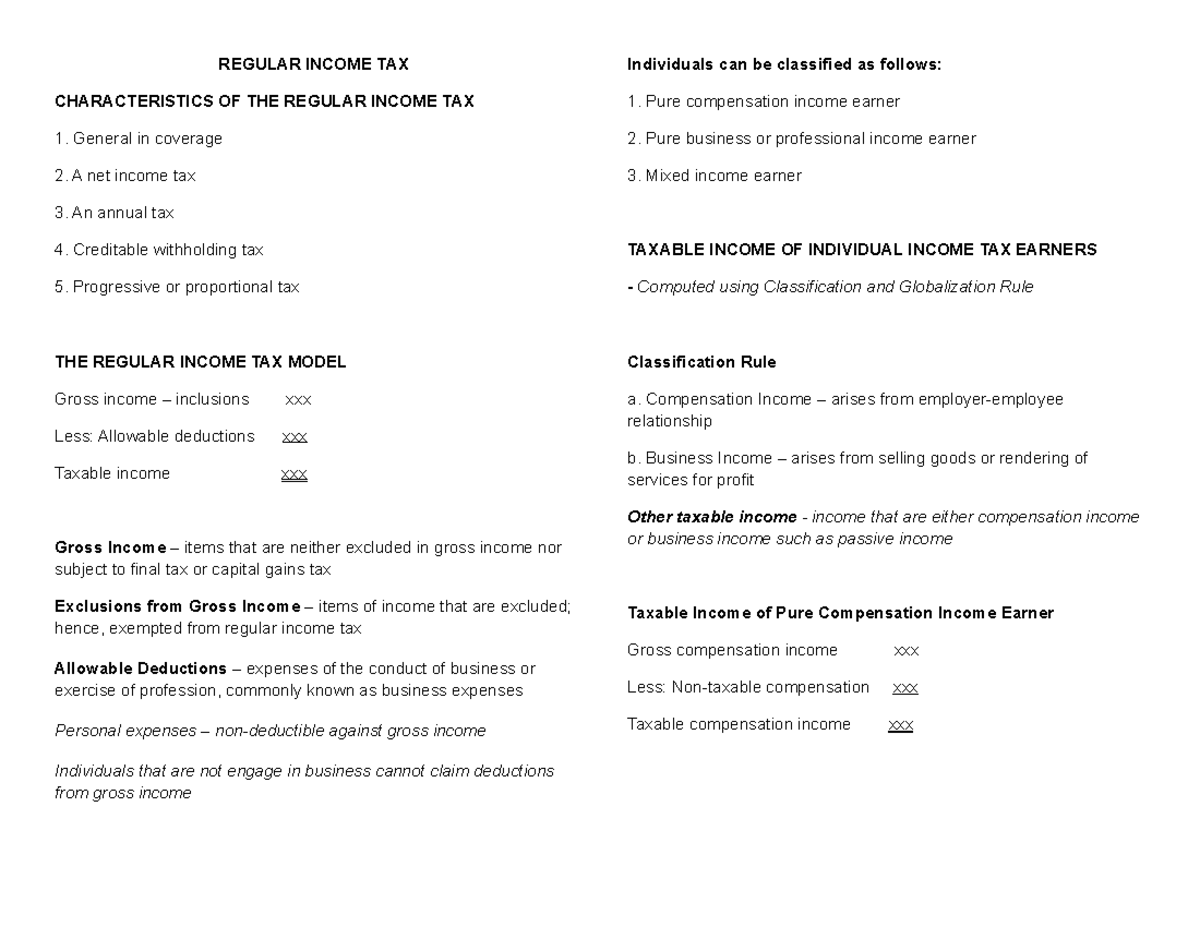 REGULAR INCOME TAX: Key Concepts and Guidelines for Taxpayers - Studocu