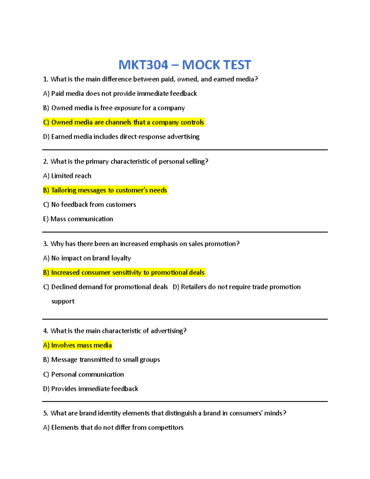 MKT304 – Mock Test Practice Questions and Answers - Studocu