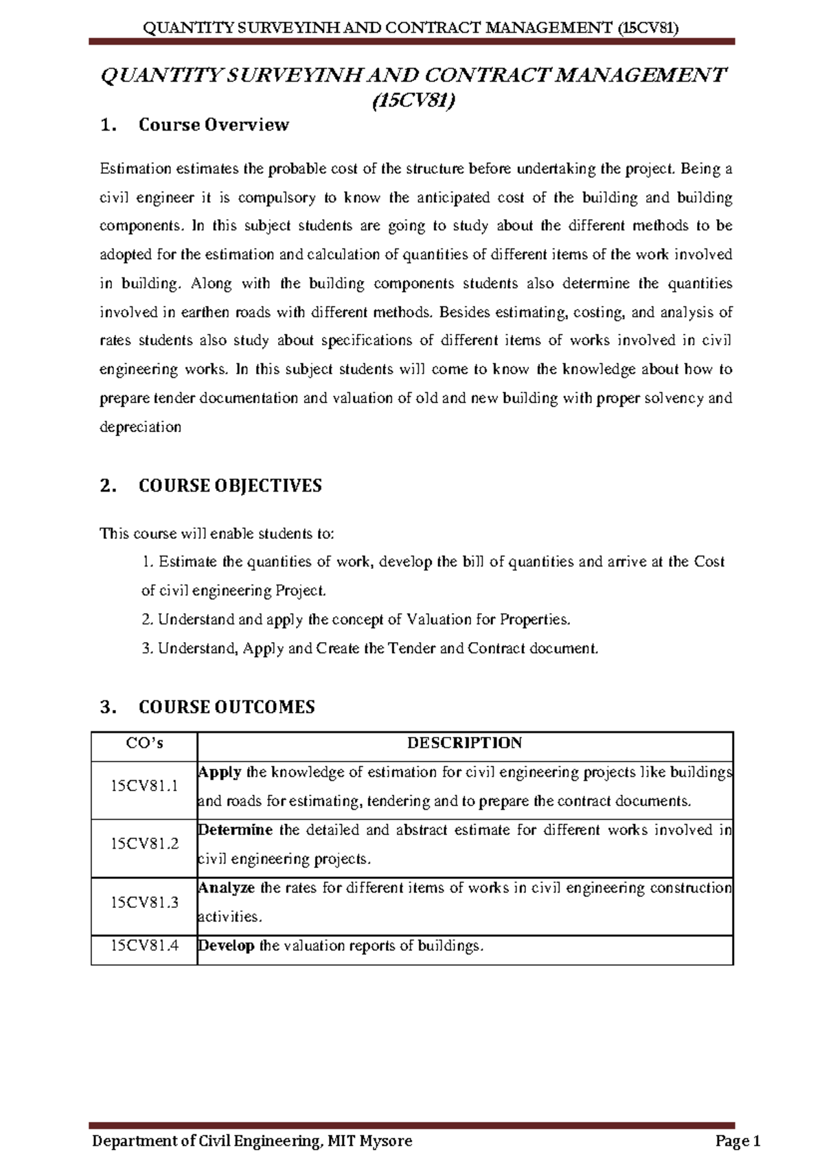 QUANTITY SURVEYING AND CONTRACT MANAGEMENT (15CV81) - Module 1 ...