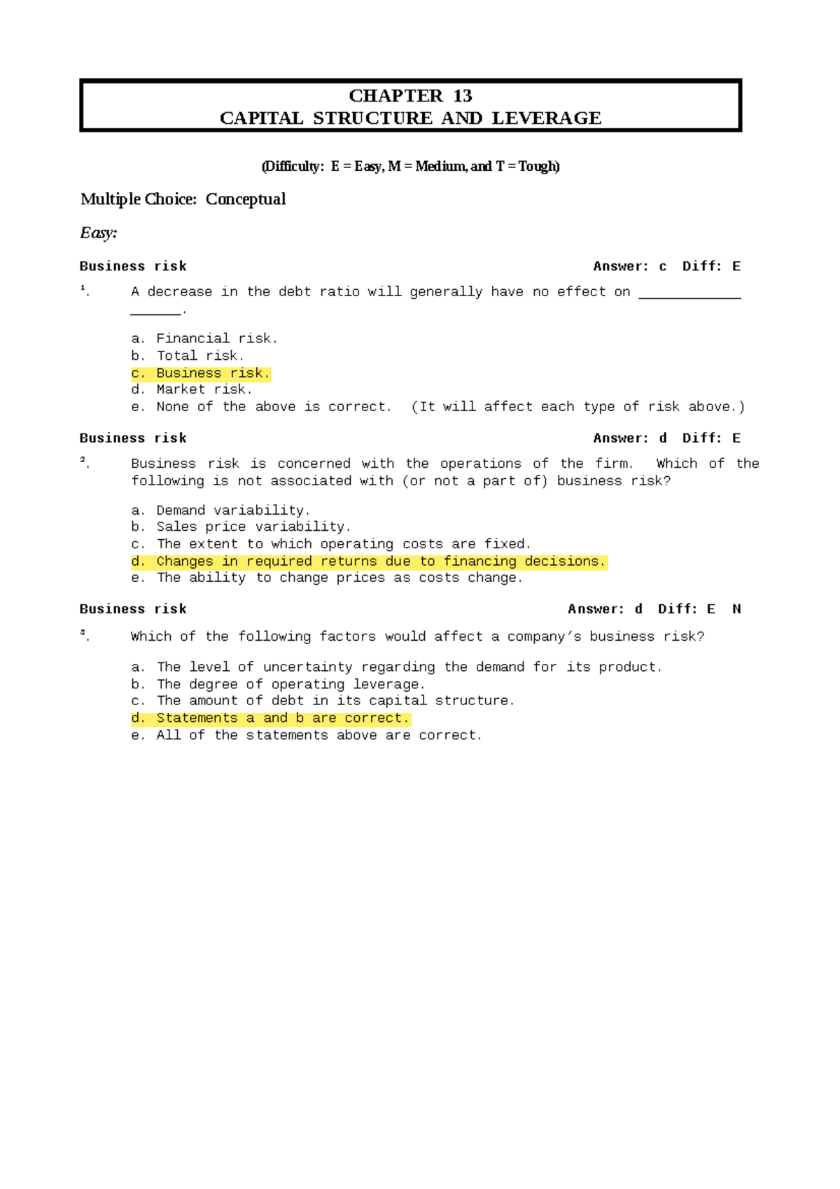 Capital Structure Theory & Business Risk - Practice Questions (FIN 301 ...