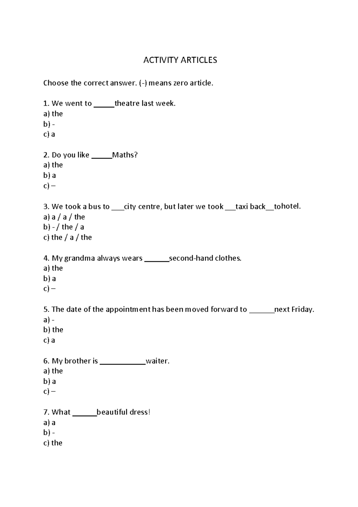ACTIVITY ARTICLES: Grammar Unit 1 - Correct Article Usage - Studocu