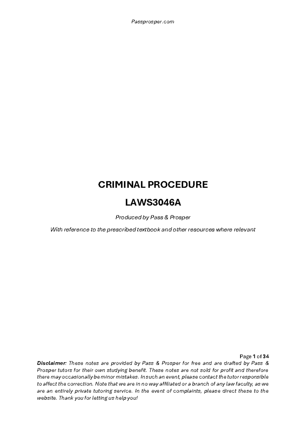 LAWS3046A - Criminal Procedure Overview and Key Concepts - Studocu