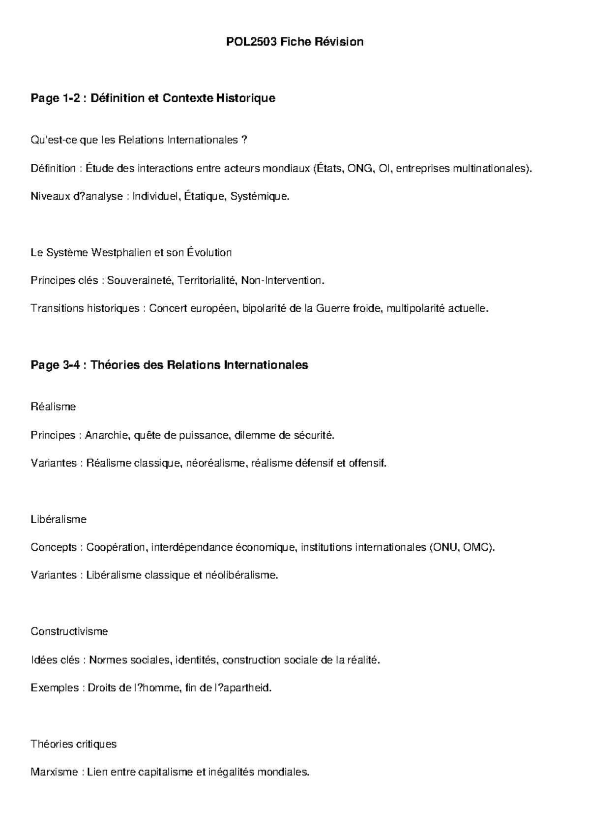 POL2503 Fiche Révision - Page 1-2 : Définition et Contexte Historique ...