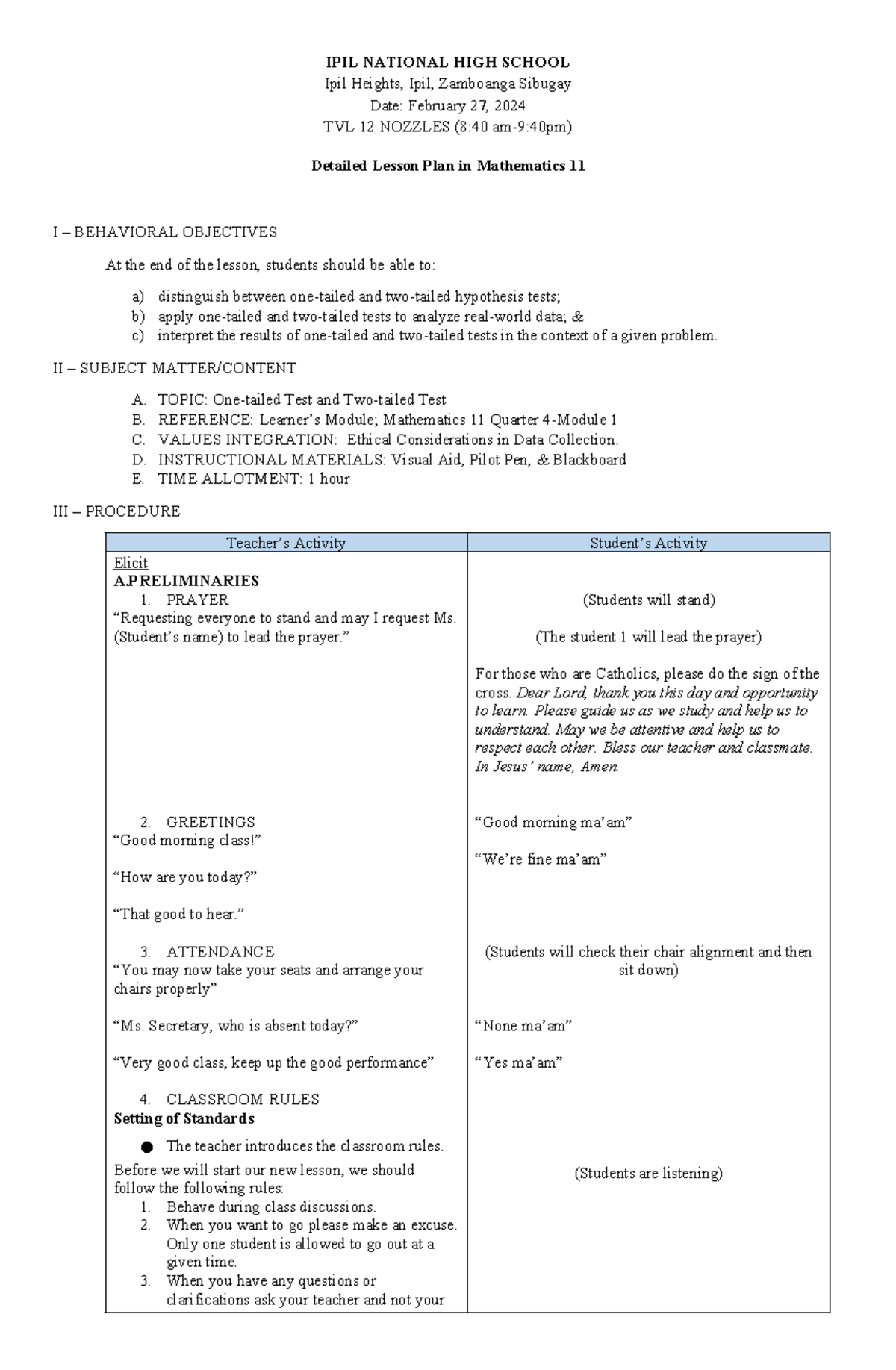 Detailed Lesson Plan for Mathematics 11: One-Tailed & Two-Tailed Tests ...