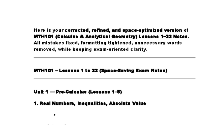 Mth101 Final Exam Notes Calculus Analytical Geometry Studocu
