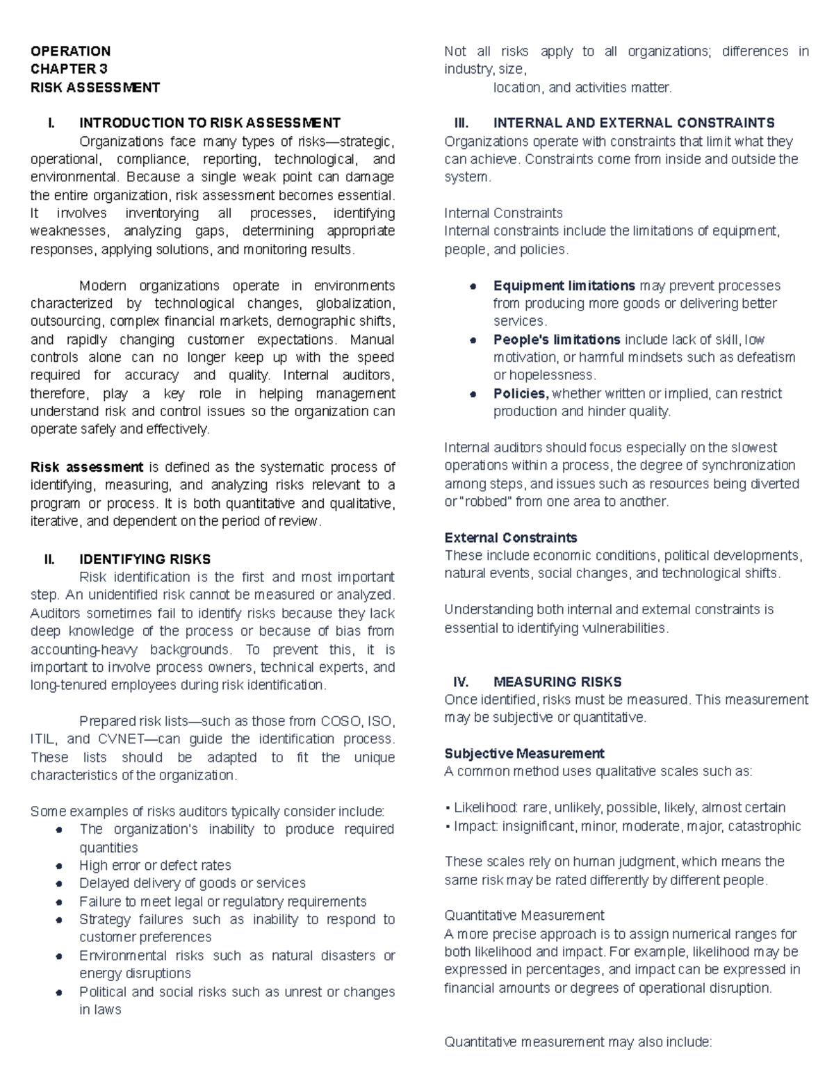 OPERATION CHAPTER 3 RISK ASSESSMENT: Identifying and Measuring Risks ...