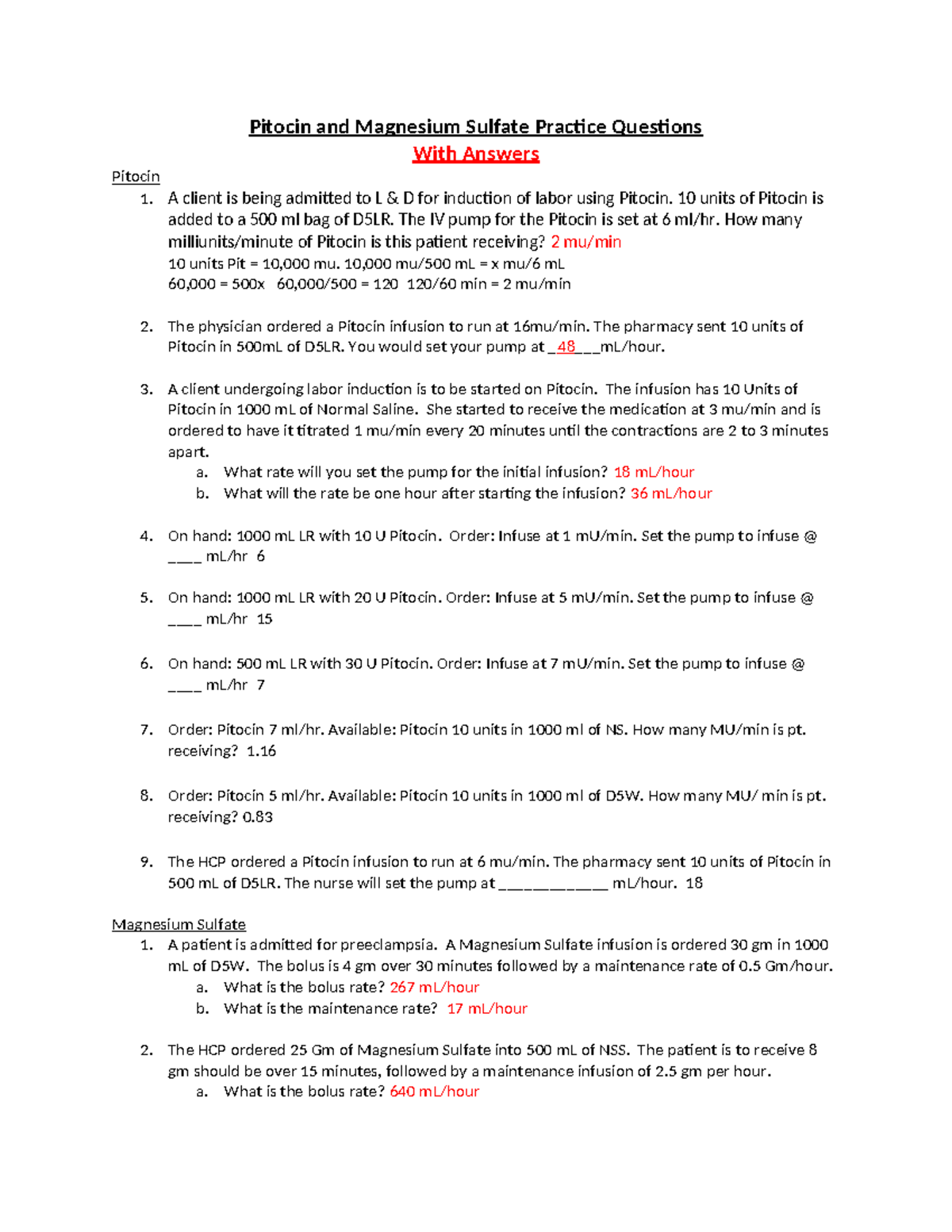 Pitocin & Magnesium Sulfate Practice Questions (Nursing Exam) - Studocu