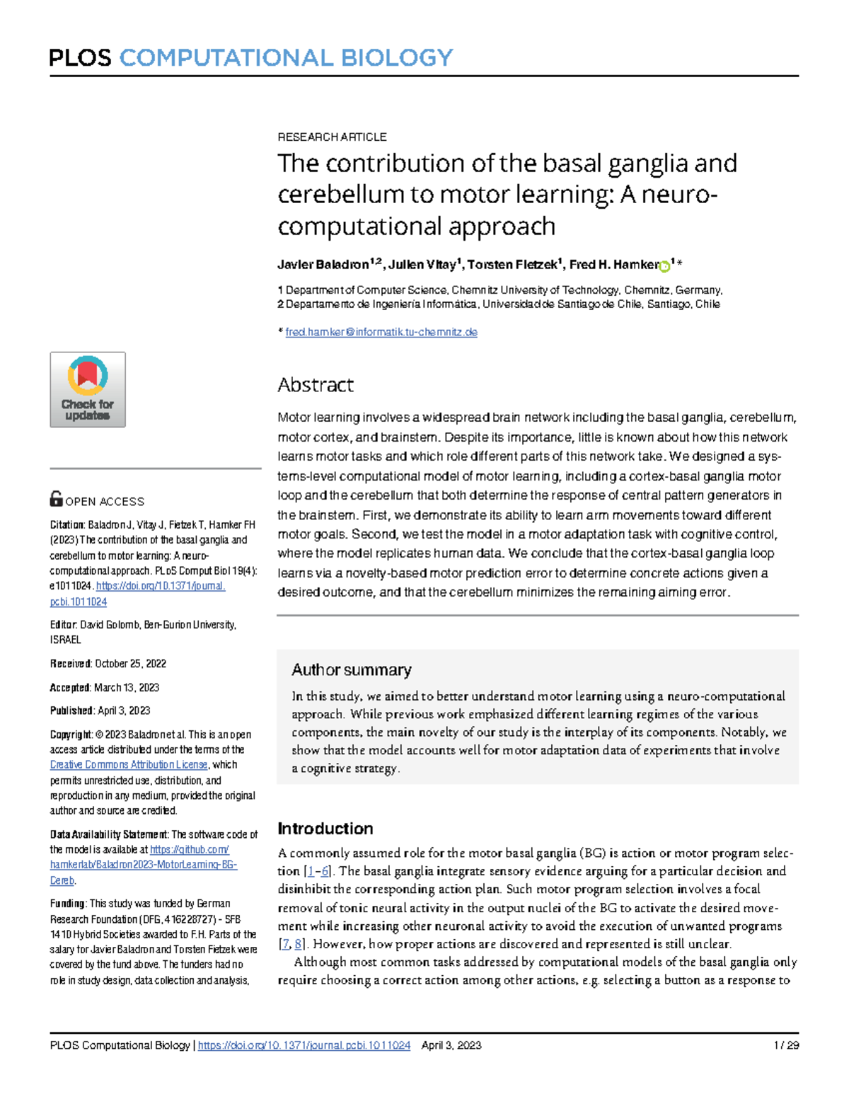 The Contribution of Basal Ganglia & Cerebellum to Motor Learning: A ...