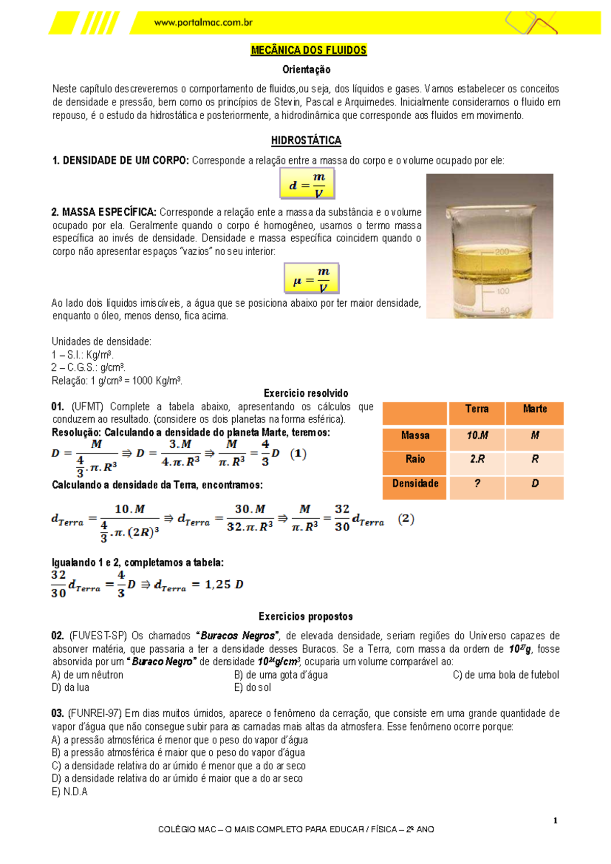 Fisica 2ANO 2 PDF - Lista de exercicios - 1 MECÂNICA DOS FLUIDOS ...