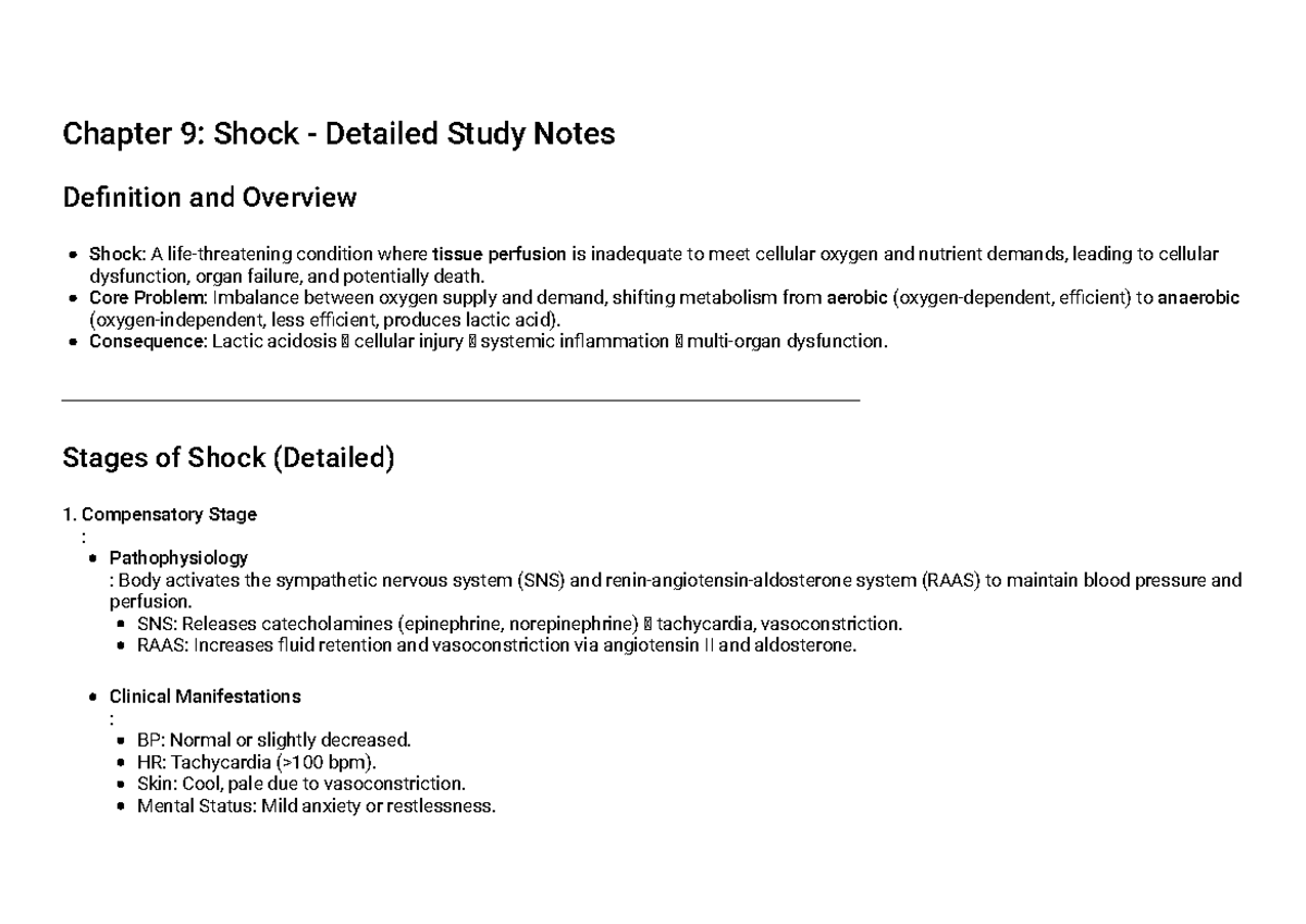 Chapter 9: Shock - Detailed Study Notes & Overview for Quiz 6 MS - Studocu