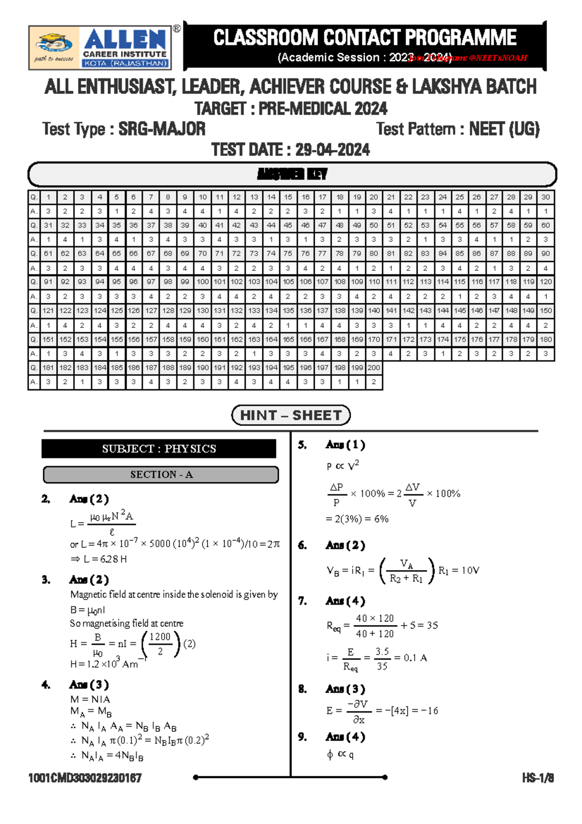 CLASSROOM CONTACT PROGRAMME: NEET (UG) Test Pattern & Answer Key 2023 ...