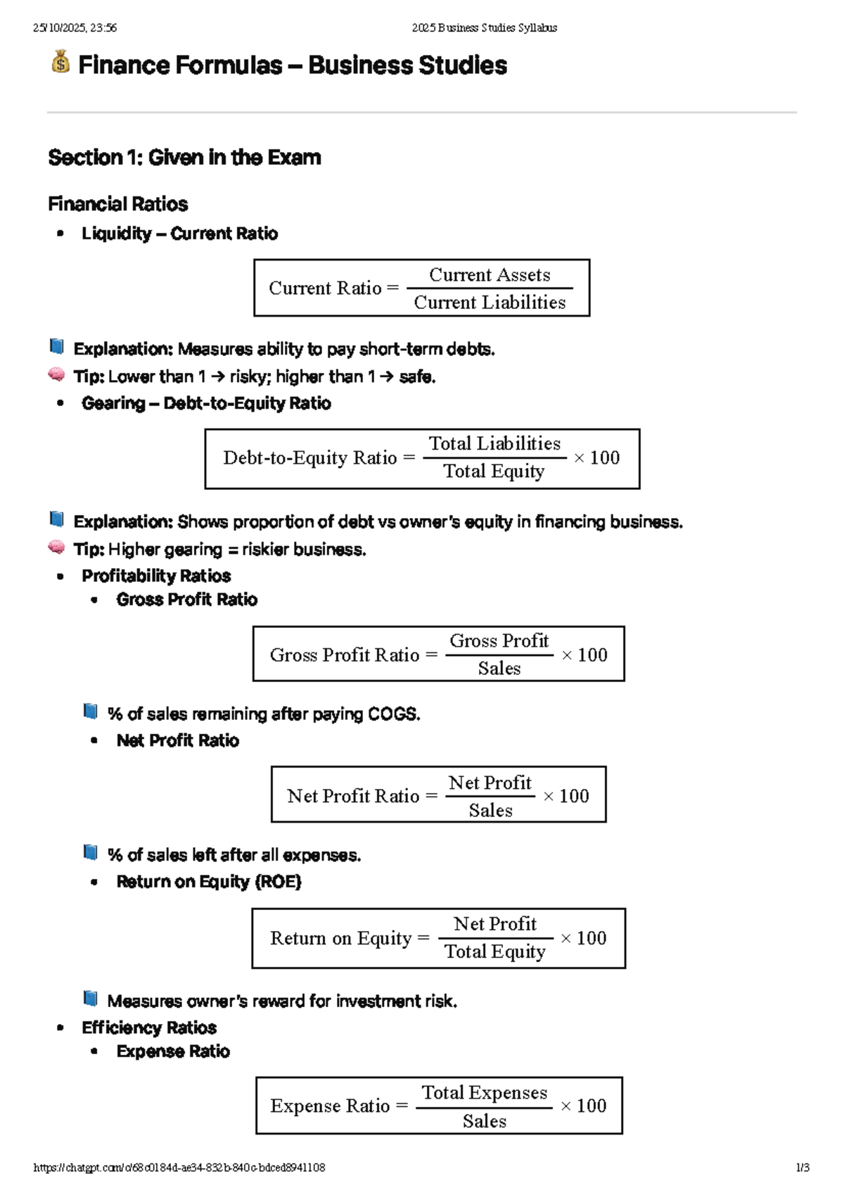 HSC 23:56 Business Studies Finance Formulas & Key Ratios - Studocu