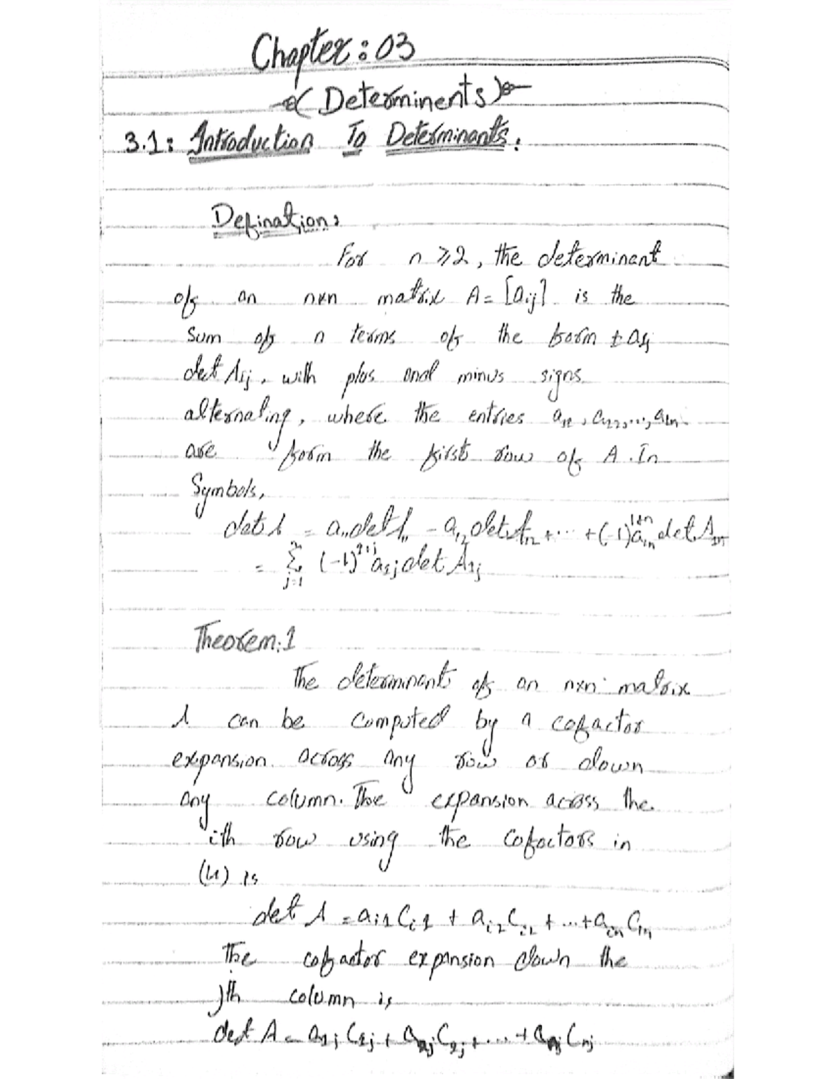 Linear Algebra. ( Chapter 3 Notes ) - Chapter: 03 d Determinents) 3 ...